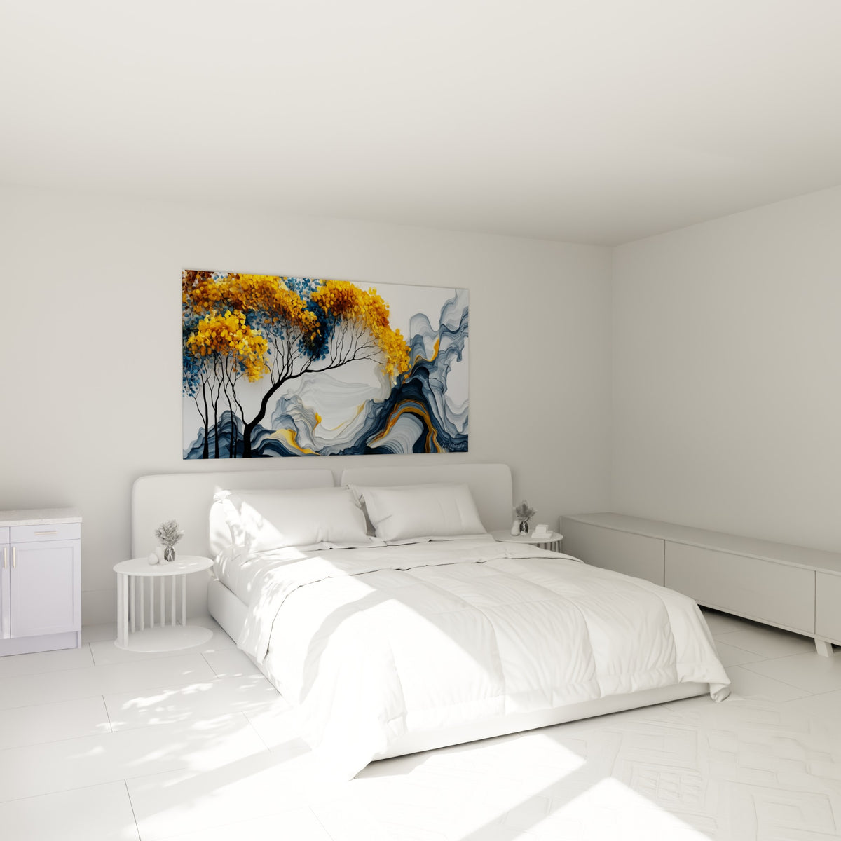 Silhouette d'Eucalyptus doré et bleu nuit accrochée au-dessus d'un lit dans une chambre claire