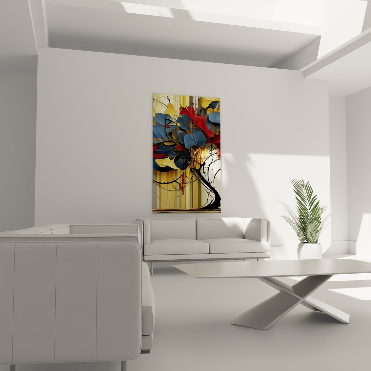Branches noires sinueuses de ce tableau eucalyptus doré placé au-dessus d'un canapé dans un salon lumineux