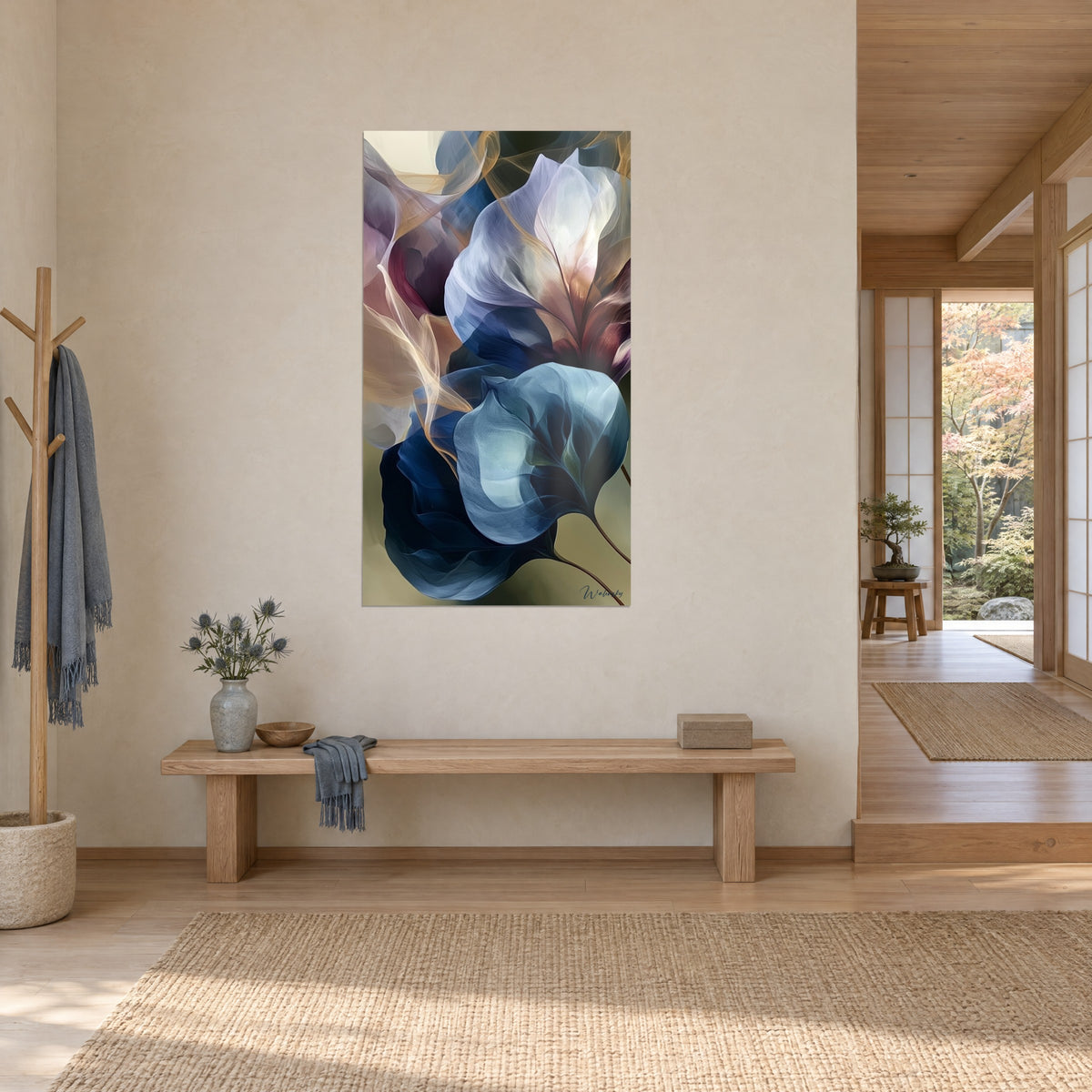 Wall art with a giant bloom in lilac and burgundy tones on a sage green background, on a cream wall beside a light wood bench