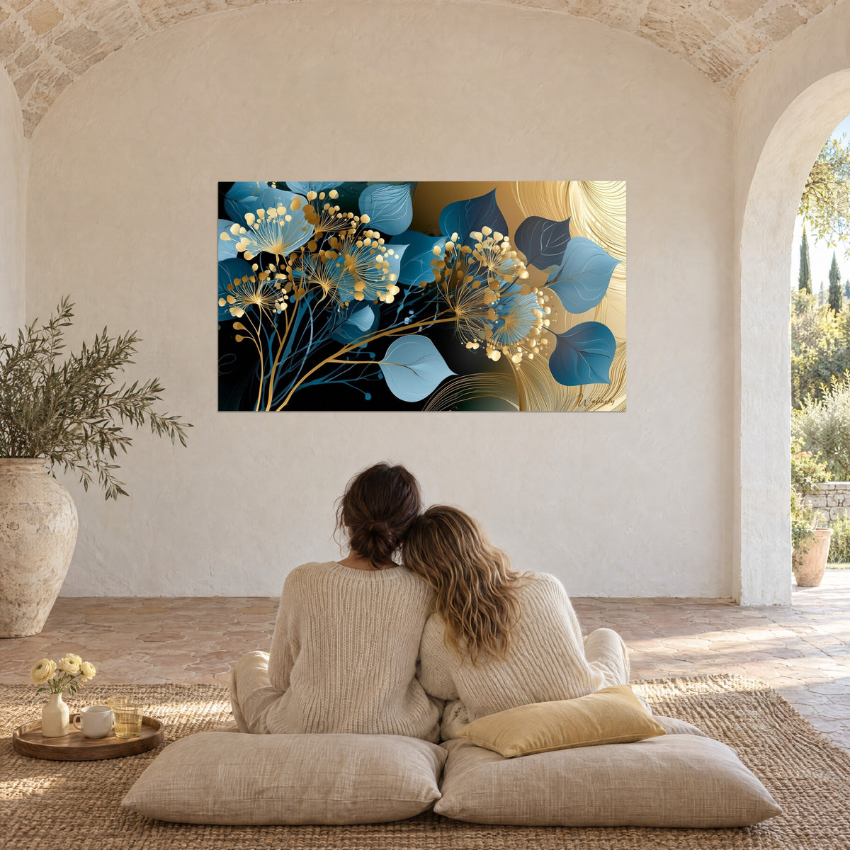 Tableau jardin nocturne de feuilles bleues et d'aigrettes dorées, un couple enlacé de dos sur des coussins de sol, mas provençal