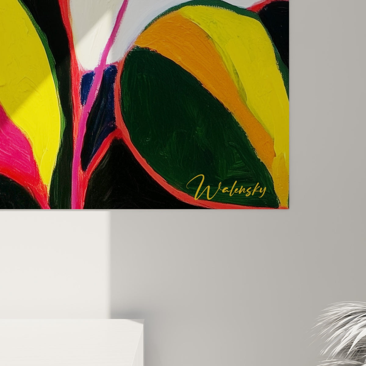 Détail des empâtements Eucalyptus où le rose fuchsia et le bleu marine se rencontrent en épaisses coulées de peinture