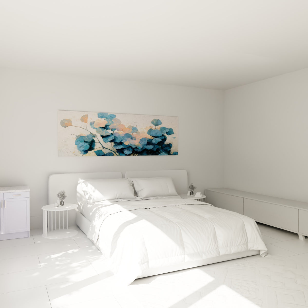 Bouquet de feuillage bleu pétrole et rose corail du tableau Eucalyptus au-dessus d'un lit dans une chambre claire