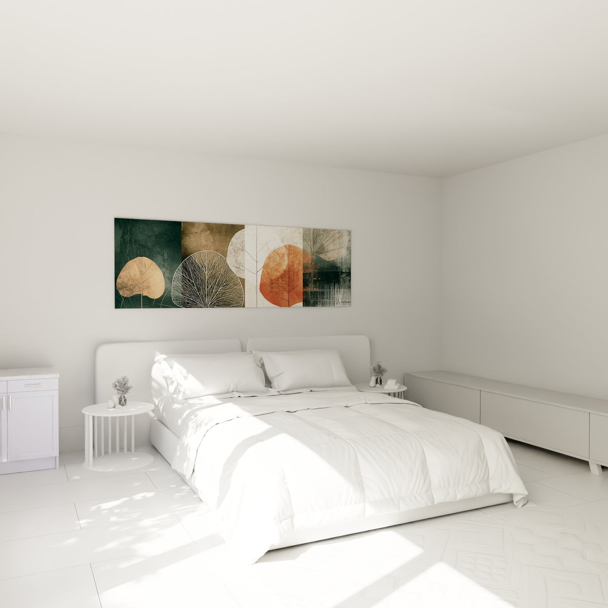 Silhouettes de feuilles bleu pétrole et terracotta du tableau Eucalyptus au-dessus d'un lit dans une chambre claire