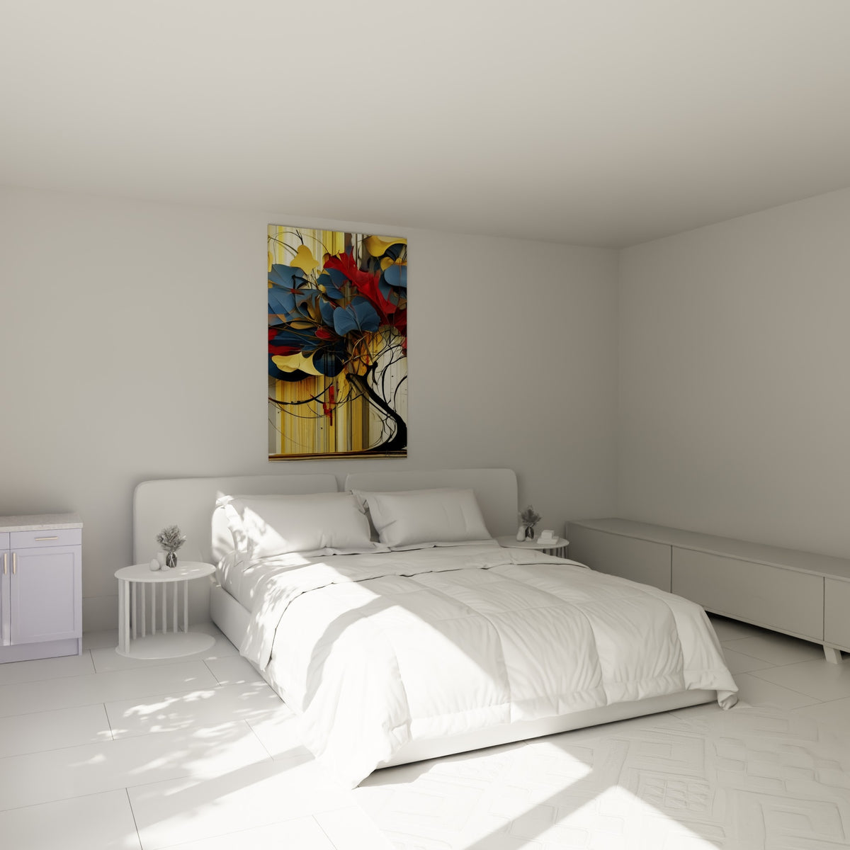 Feuillage bleu marine et rouge de cet arbre eucalyptus accroché au-dessus d'un lit dans une chambre claire