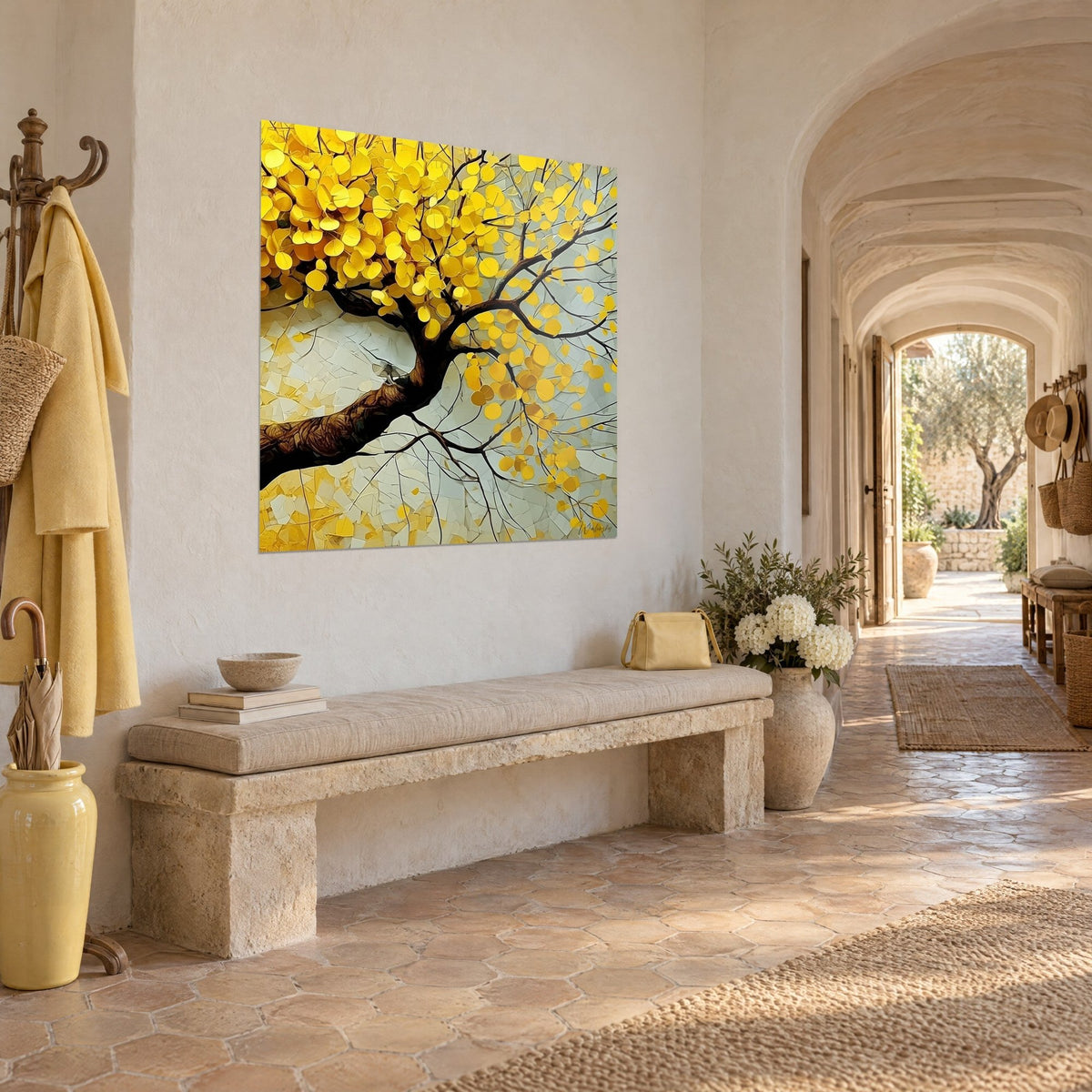 Wall art vibrant autumn foliage, golden leaves and dark brown trunk on light grey background, at the end of a vaulted farmhouse corridor