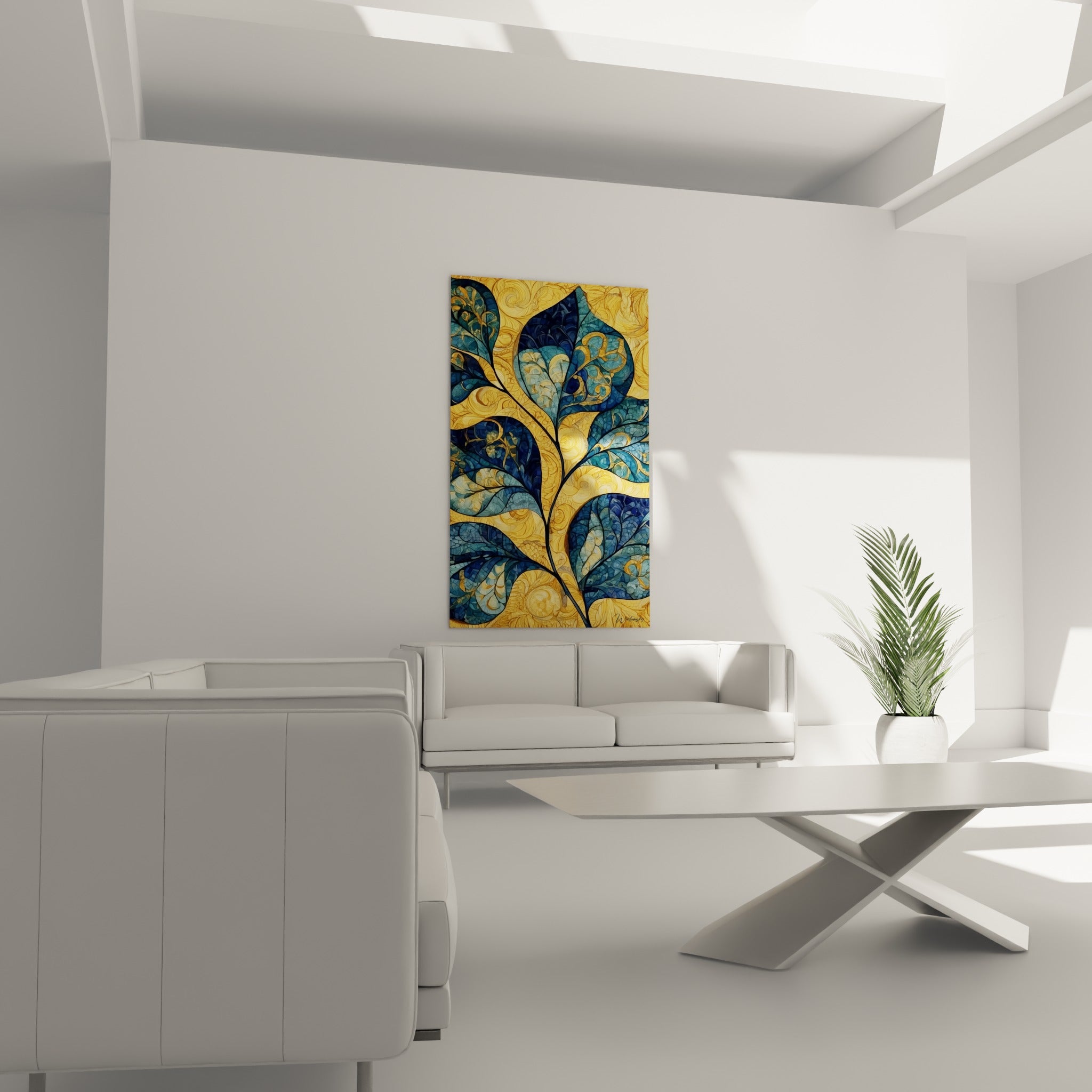 Motif d'eucalyptus turquoise et ocre en mosaïque au-dessus d'un canapé dans un salon lumineux