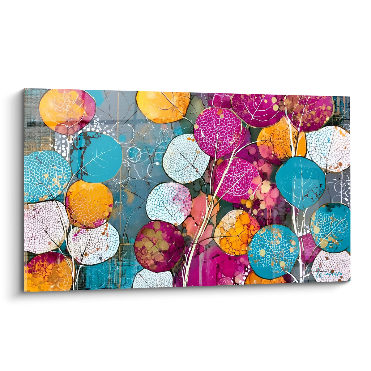 Feuilles rondes turquoise et magenta moucheté, tableau Eucalyptus aux nervures blanches détaillées