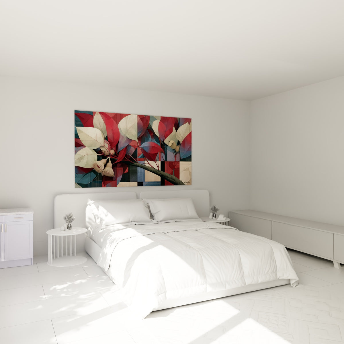 Feuilles d'eucalyptus rouges et ivoire déployées, tableau accroché au-dessus d'un lit dans une chambre claire