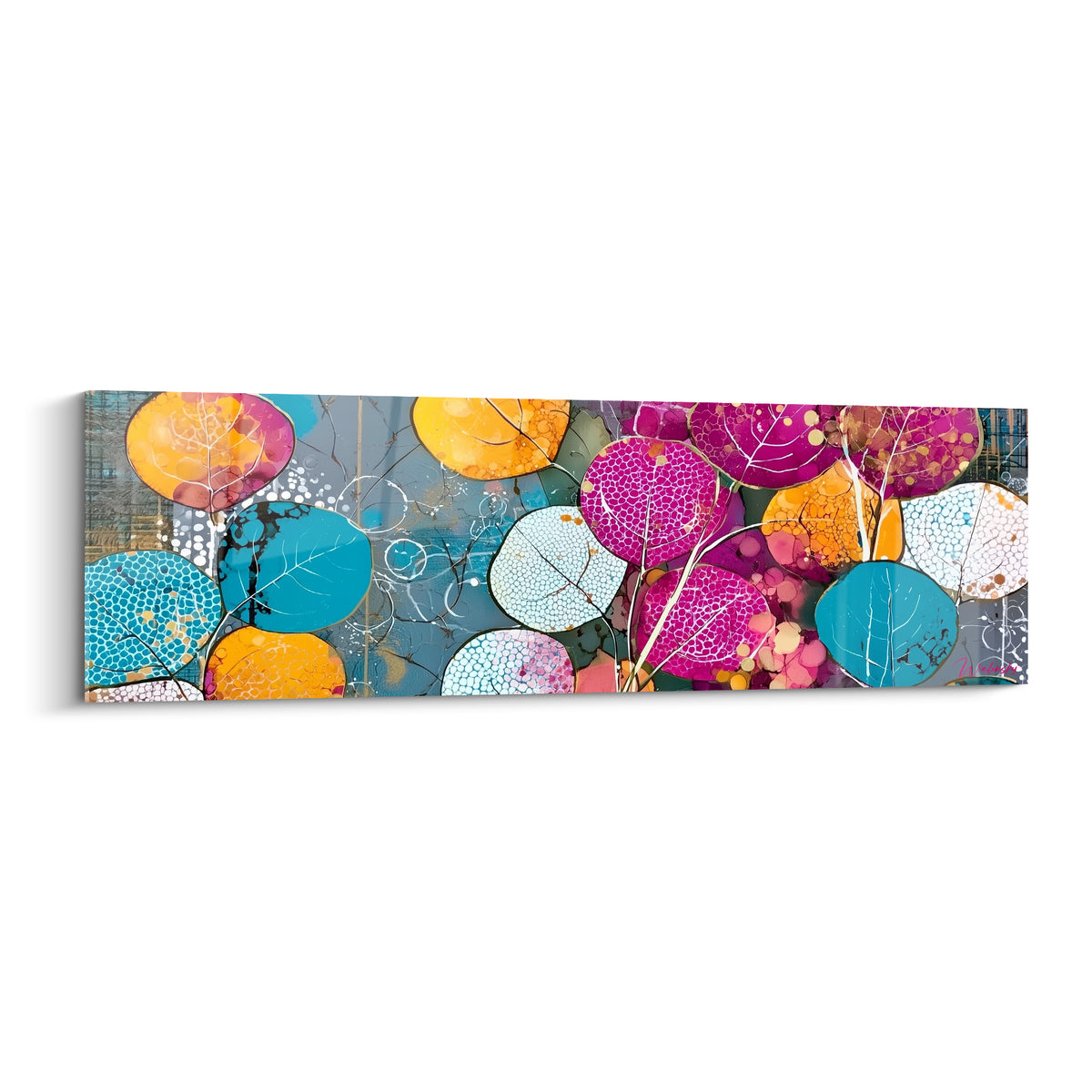 Feuilles rondes turquoise et magenta aux nervures blanches sur fond anthracite lumineux