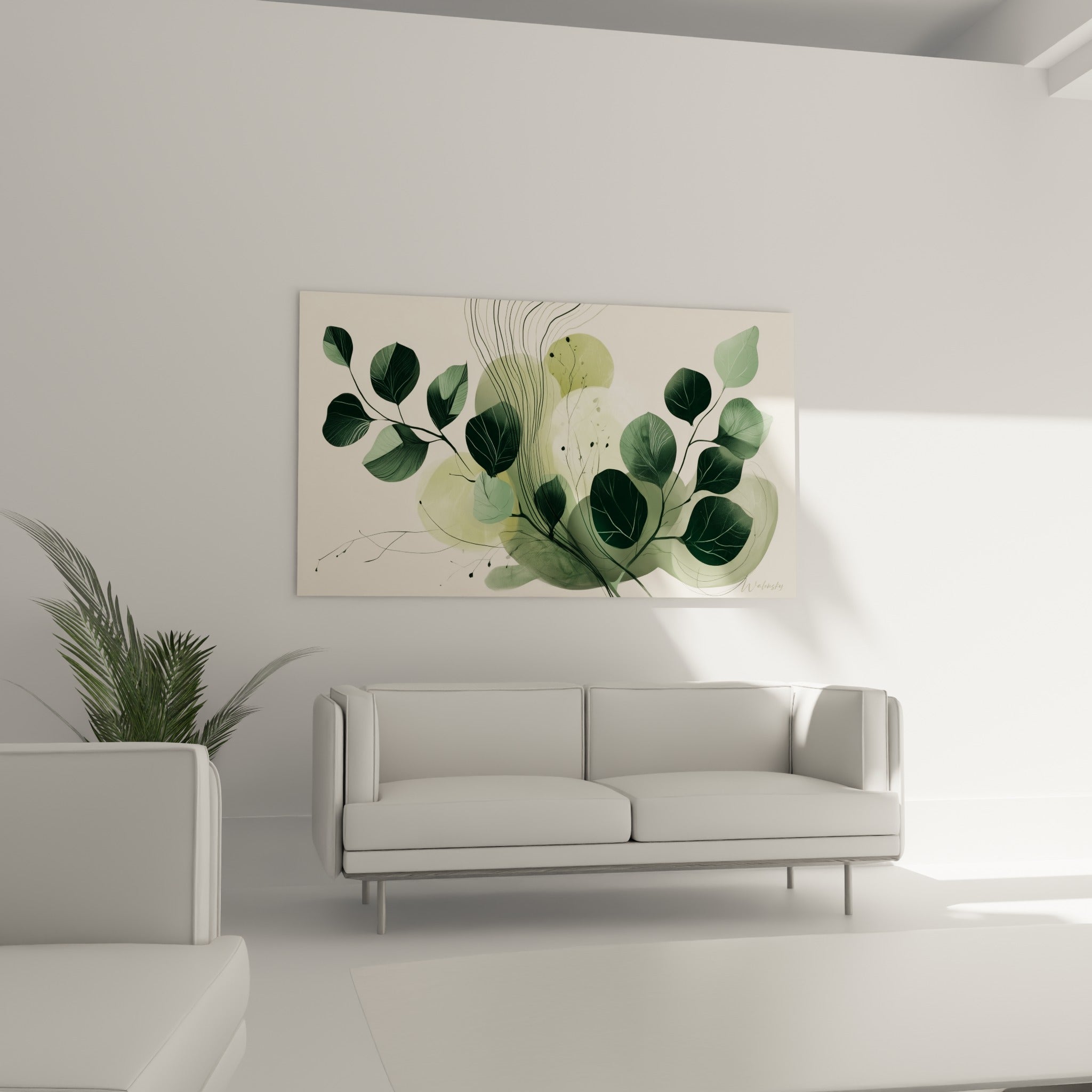 Branches d'Eucalyptus vert sauge et beige nacré placées au-dessus d'un canapé dans un salon lumineux