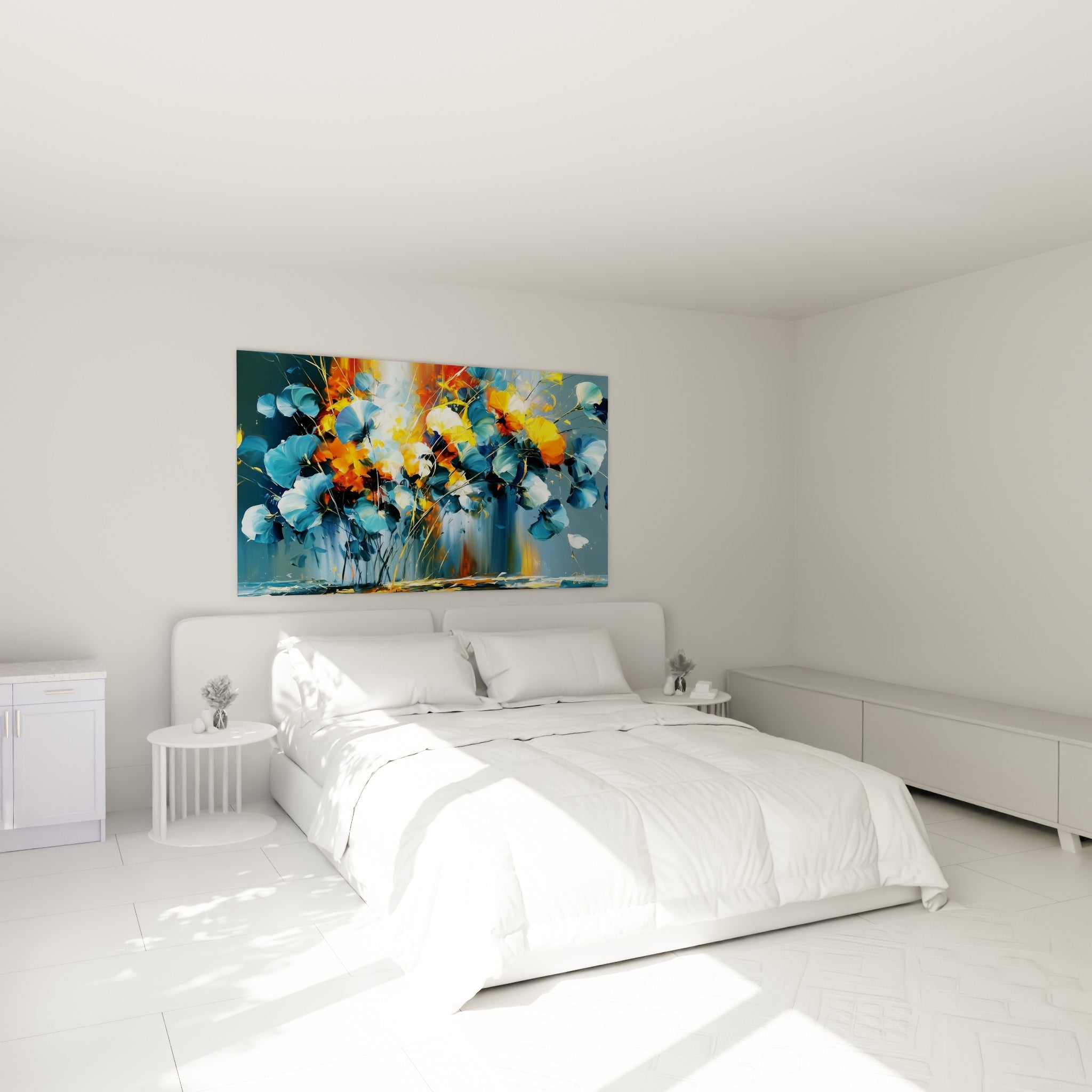 Fleurs peintes en bleu pastel et orange incandescent au-dessus d'un lit dans une chambre claire