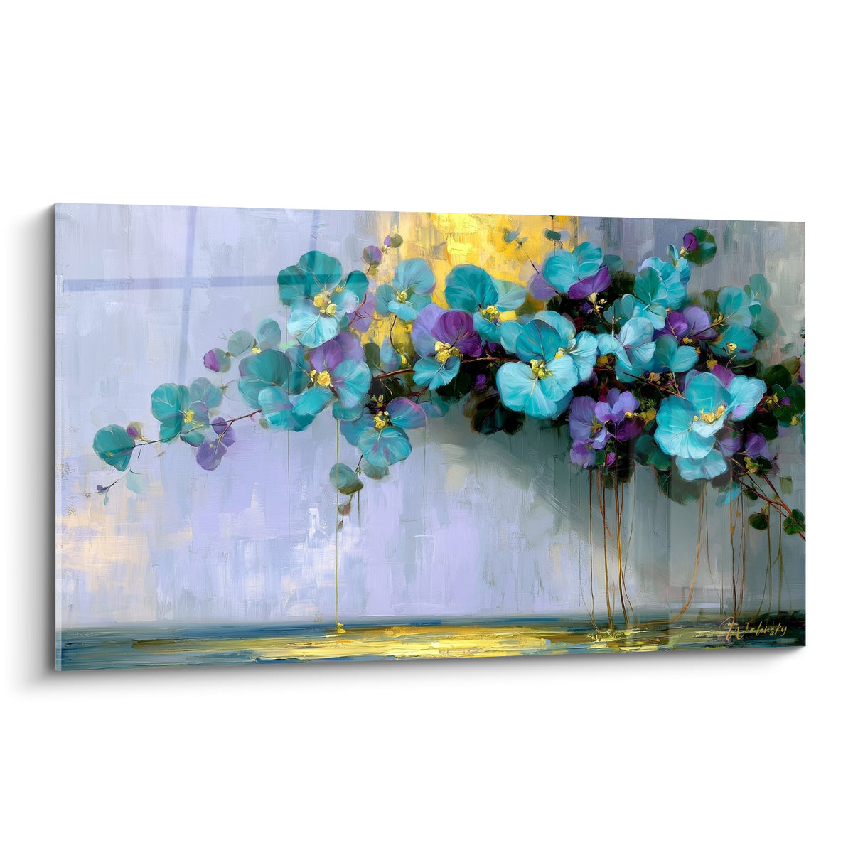 Fleurs d'eucalyptus turquoise et violettes suspendues sur fond gris et doré, style pictural empâté