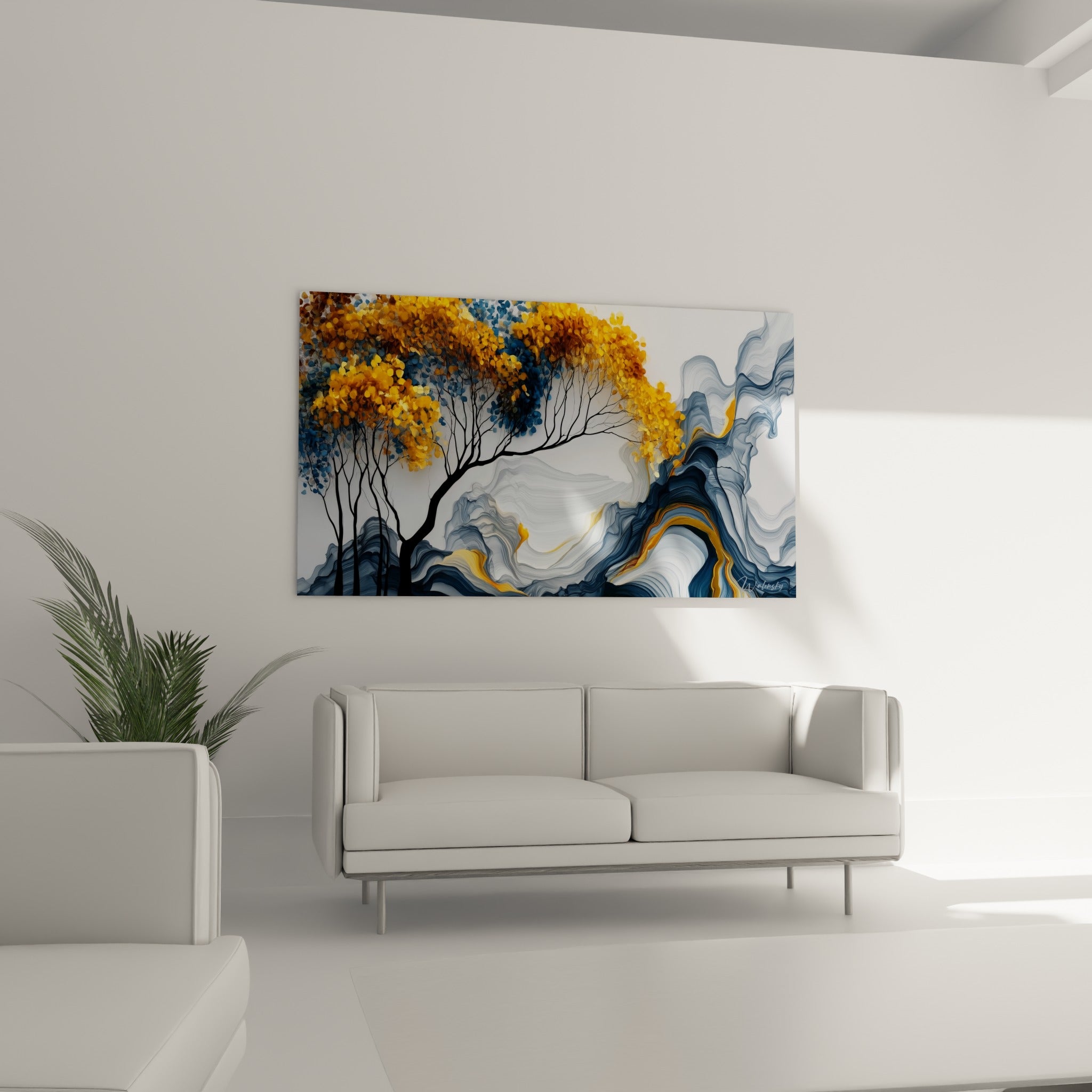 Feuillage d'Eucalyptus ocre et bleu marine surplombant des vagues minérales au-dessus d'un canapé dans un salon lumineux