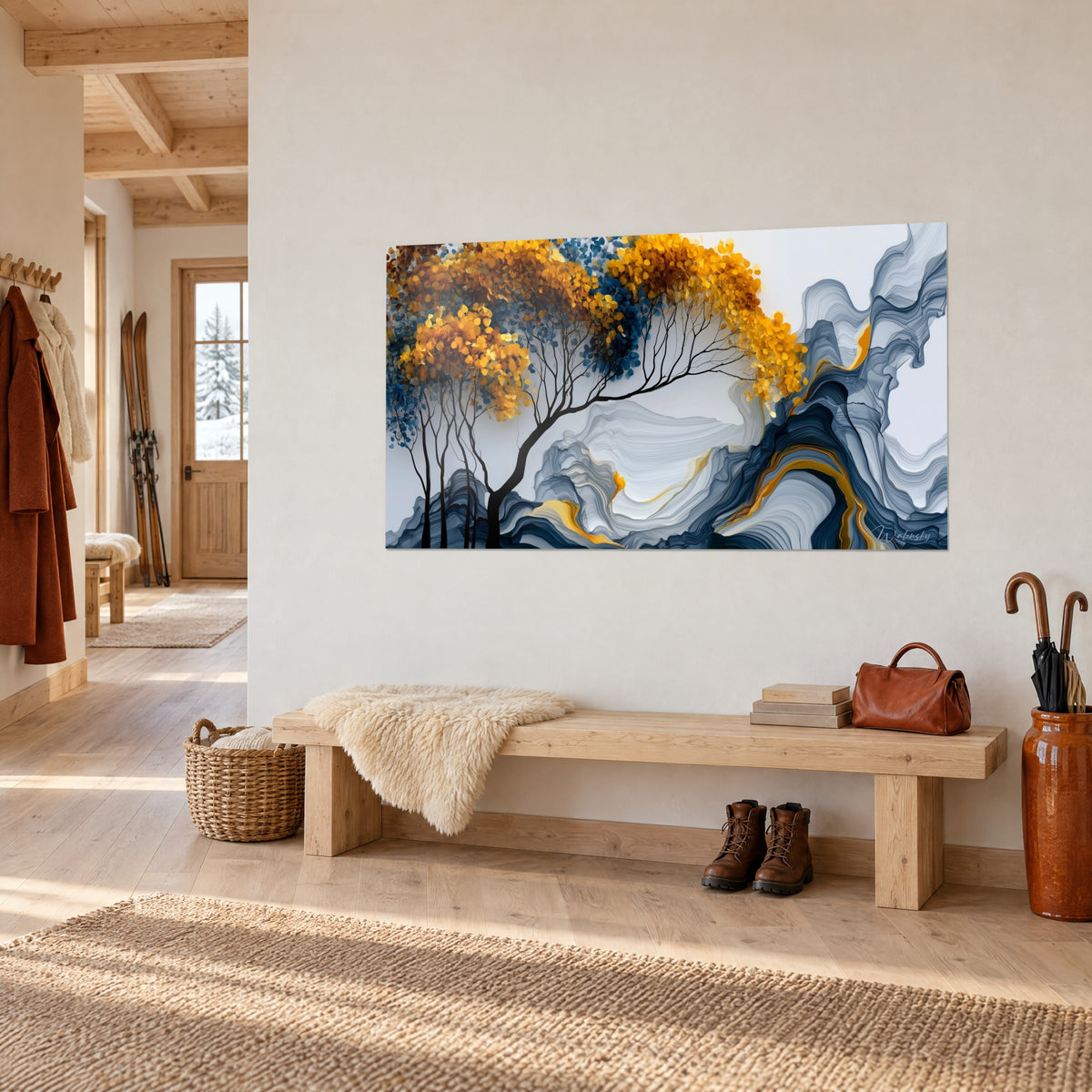 Tableau frondaison d'ocre doré et de bleu pétrole, troncs noirs graciles et vagues marbrées, posé au mur d'une entrée de chalet