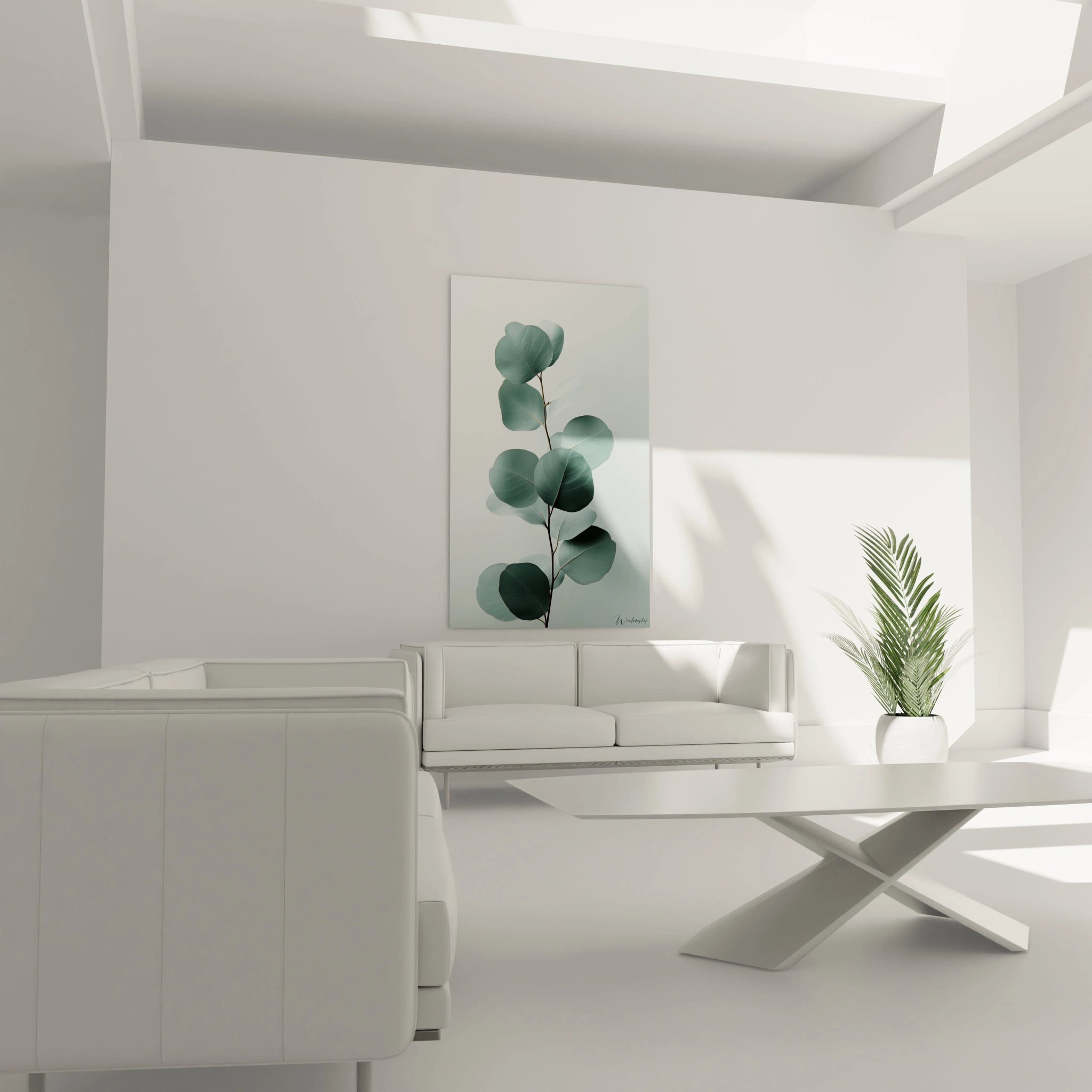 Un tableau Eucalyptus nature montrant un agencement rĂ©aliste de feuilles aux nuances de vert et de gris, avec des jeux dâombre subtils. Le fond clair met en valeur la texture lisse et dĂ©taillĂ©e du feuillage.