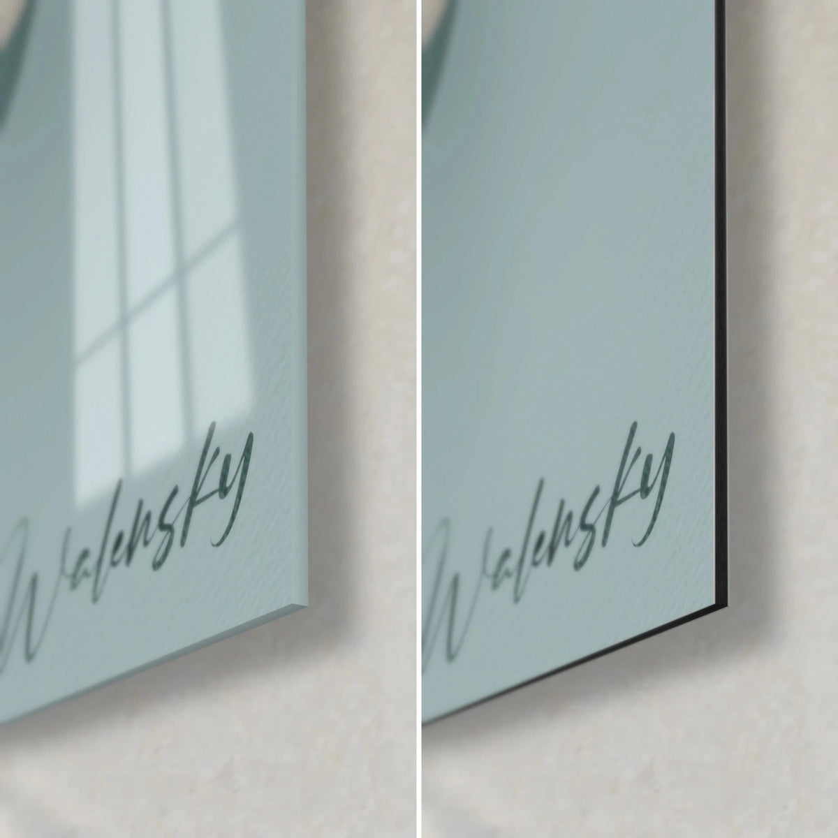 Wall art eucalyptus foliage in blue-green, bottom right corner: glossy glass with reflections, matte black Dibond, Walensky signature