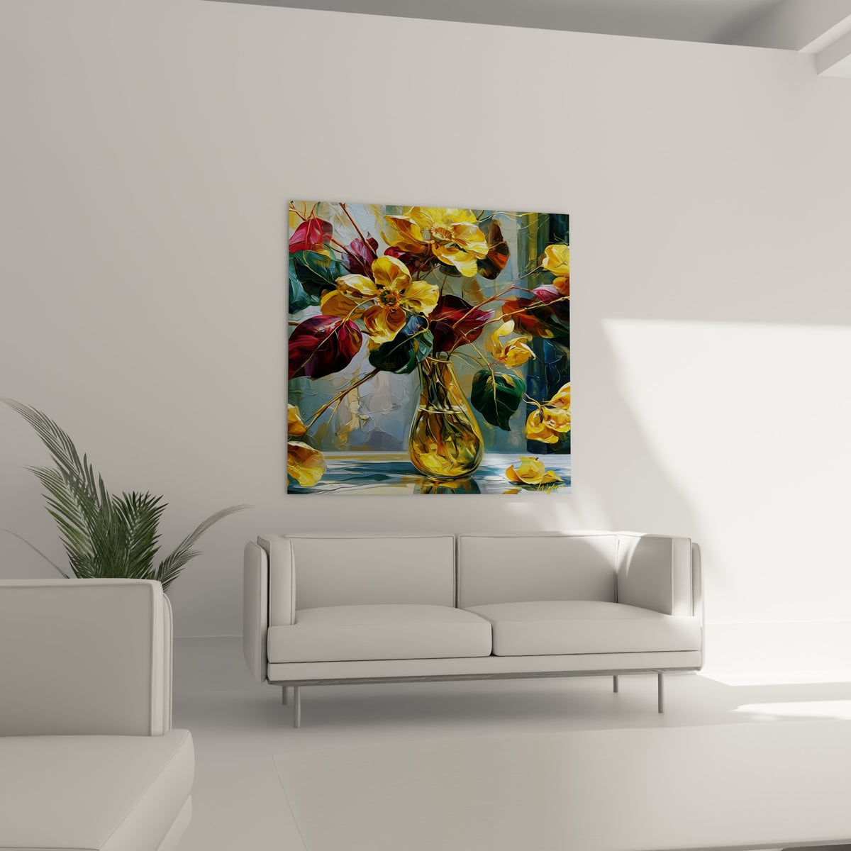 Composition florale Eucalyptus aux tons jaunes et bordeaux au-dessus d'un canapé dans un salon lumineux