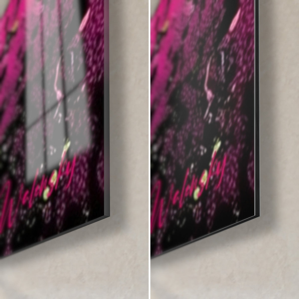 Gemälde Eukalyptusblätter in leuchtendem Blau und Pink, untere rechte Ecke: glänzendes Acrylglas links, mattes Dibond-Aluminium rechts, 3 mm Kante