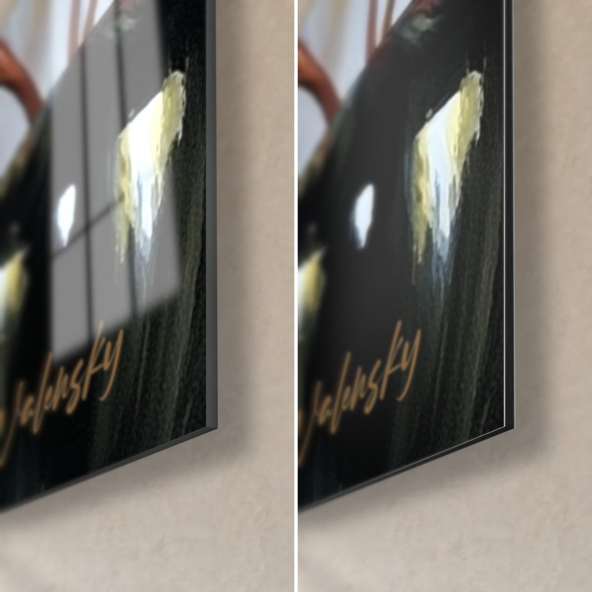 Schilderij van een glanzende zwarte vaas met raamreflecties, gouden Walensky-handtekening, hoek van acrylglas en mat Dibond, dikte 3 mm
