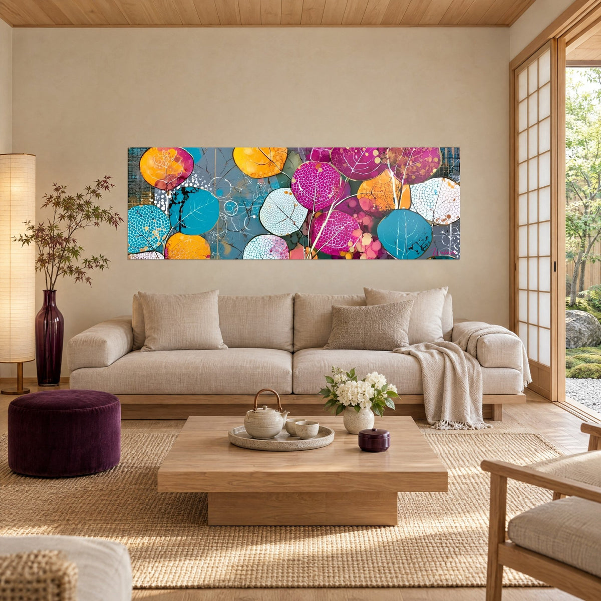 Schilderij van ronde eucalyptusbladeren in turquoise en magenta, witte stippen en fijne nerven, boven een bank in een lichte woonkamer