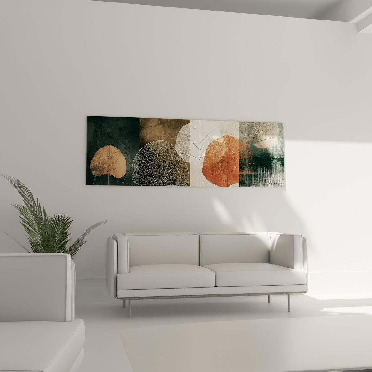 Motifs de feuilles terracotta et anthracite du tableau Eucalyptus au-dessus d'un canapé dans un salon lumineux