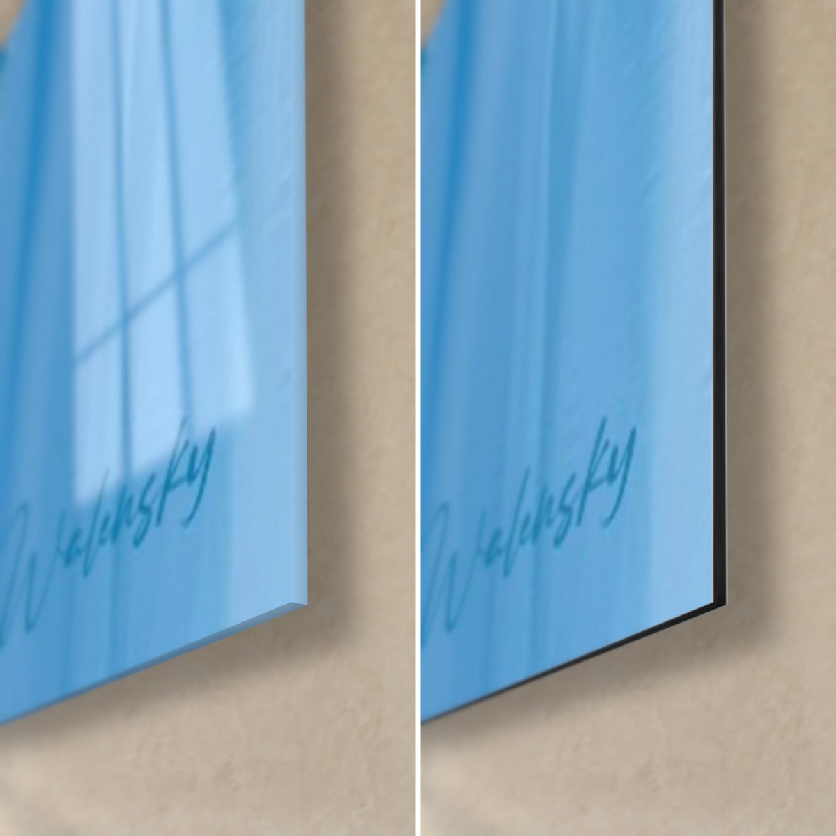 Wall art cobalt blue and sunny yellow foliage, bottom right corner: glossy acrylic glass with reflections, matte black Dibond aluminium, 3 mm edge