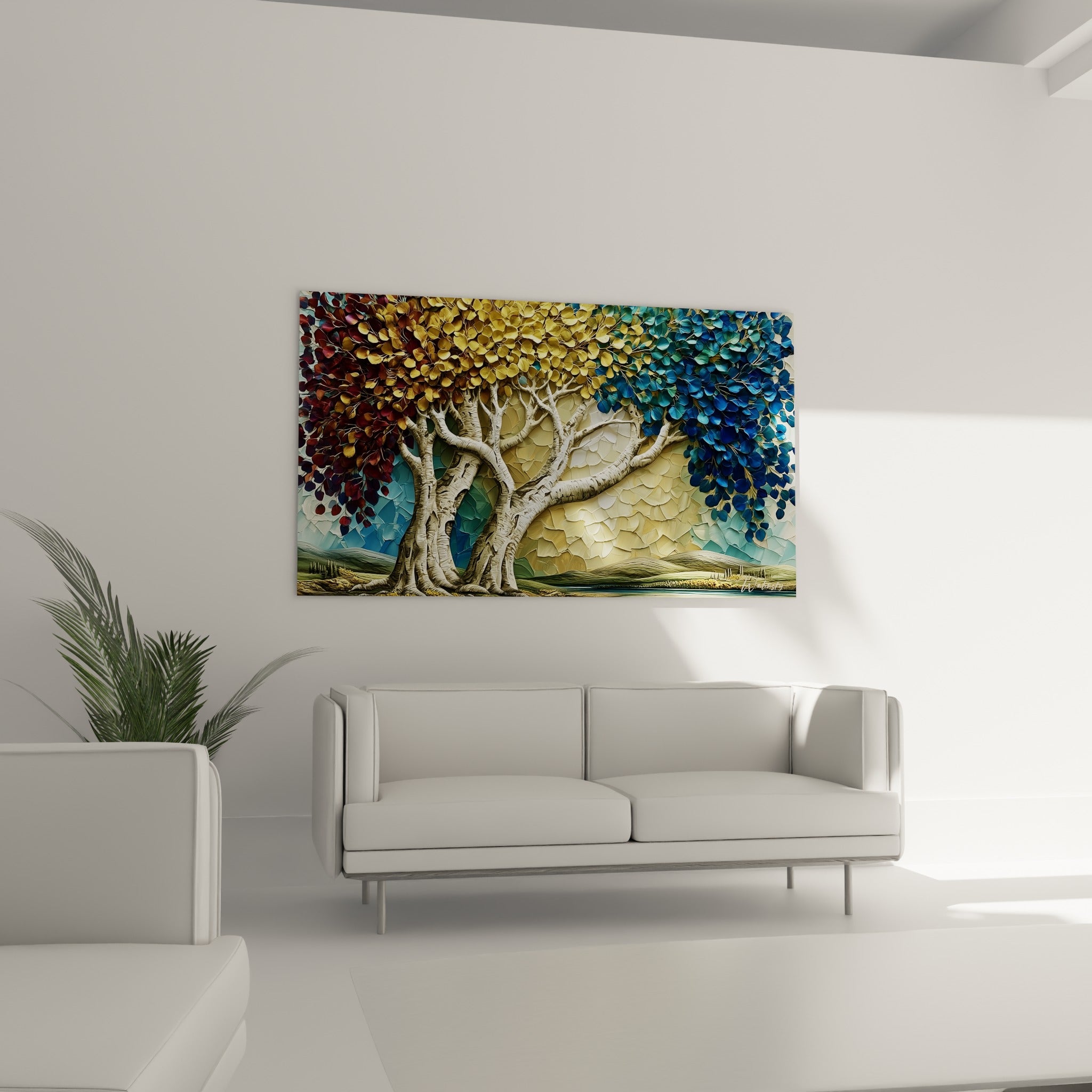 Tronc texturé Eucalyptus entouré de teintes ocre et bleu marine au-dessus d'un canapé dans un salon lumineux