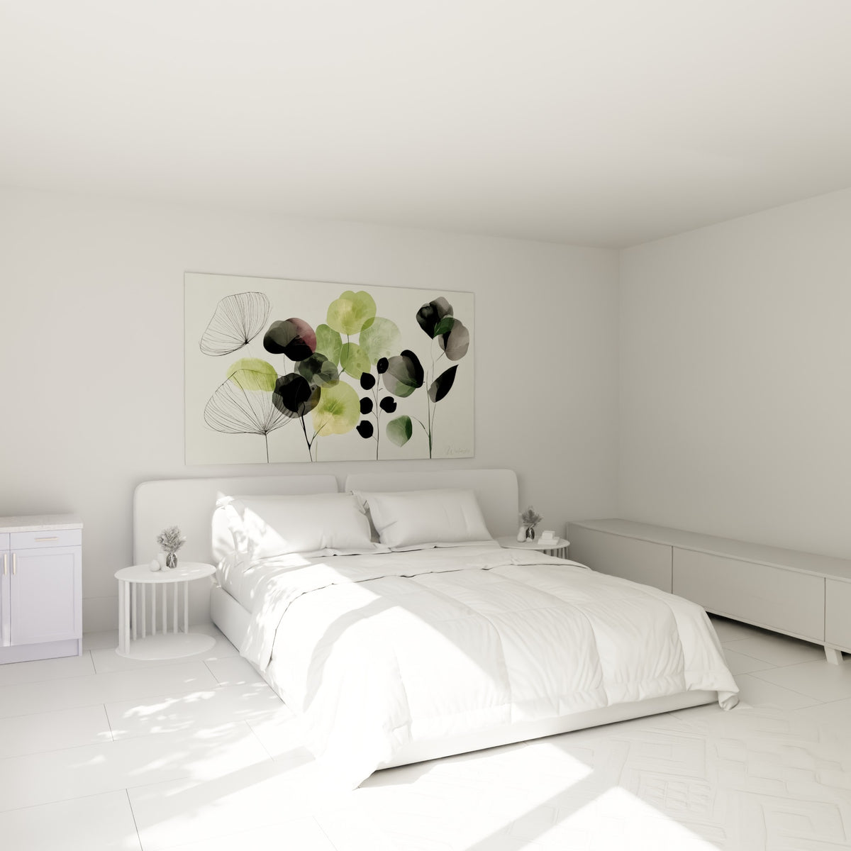 Feuilles d'eucalyptus vert sauge et noires accrochées au-dessus d'un lit dans une chambre claire