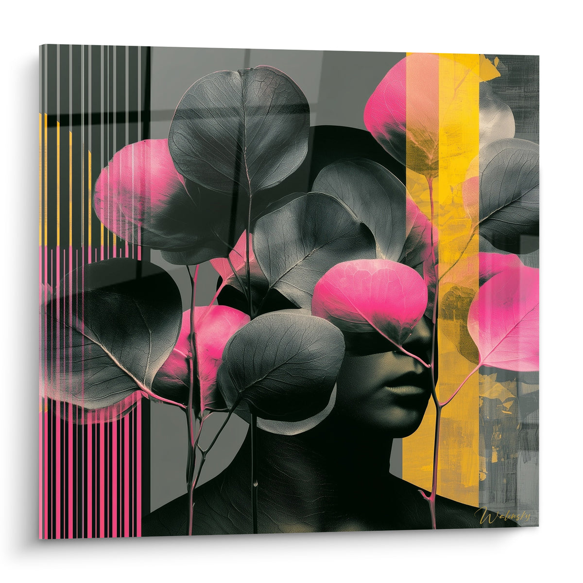 Visage dissimulé sous des feuilles roses et noires, fond anthracite rayé de jaune moutarde