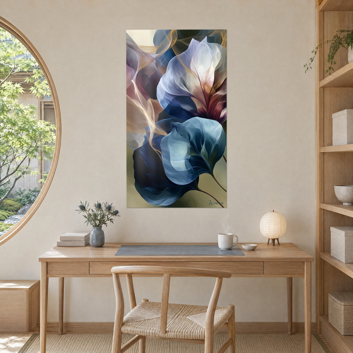 Πίνακας με floral πέπλα σε σκούρο μπλε, ελεφαντοστού και μωβ, πάνω από γραφείο από ανοιχτόχρωμη βελανιδιά, ανάμεσα σε ράφια και στρογγυλό παράθυρο