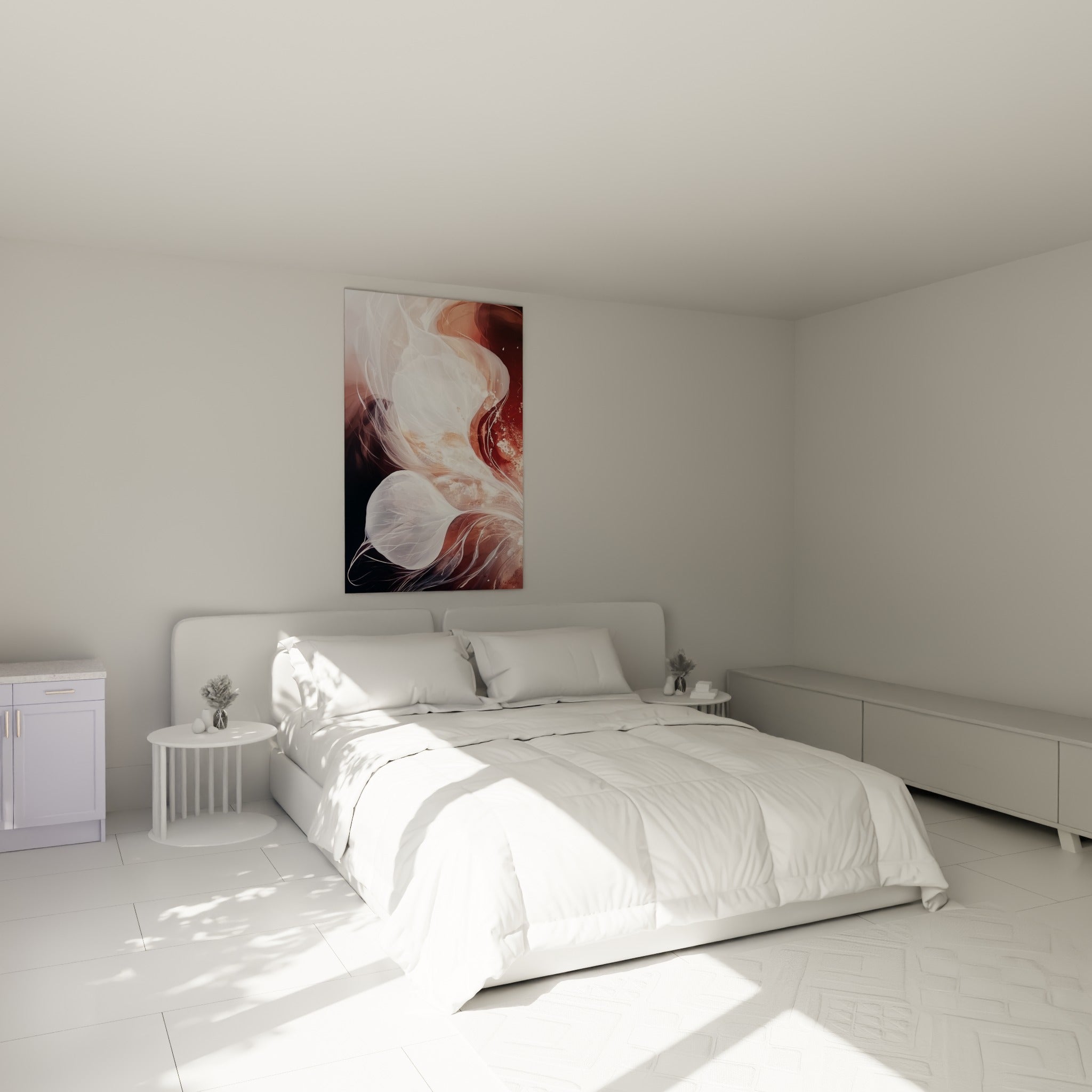 Voiles translucides blanc et bordeaux du tableau Eucalyptus, accrochés au-dessus d'un lit dans une chambre claire