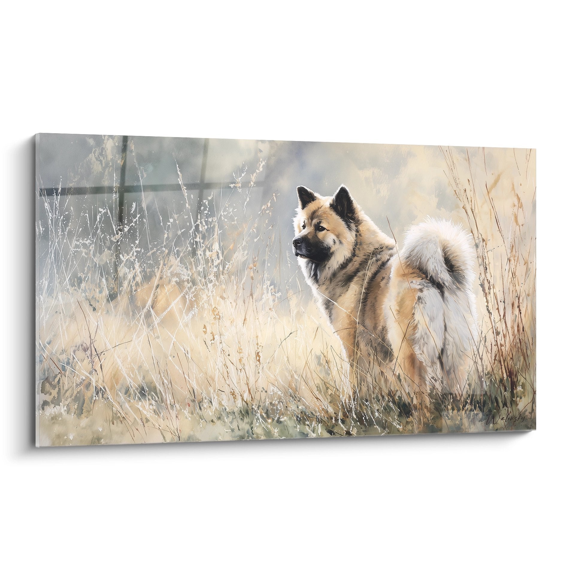 Aquarellgemälde Eurasier in wildem Stil in goldenen Gräsern, natürlicher dekorativer Stil für warme Innenräume