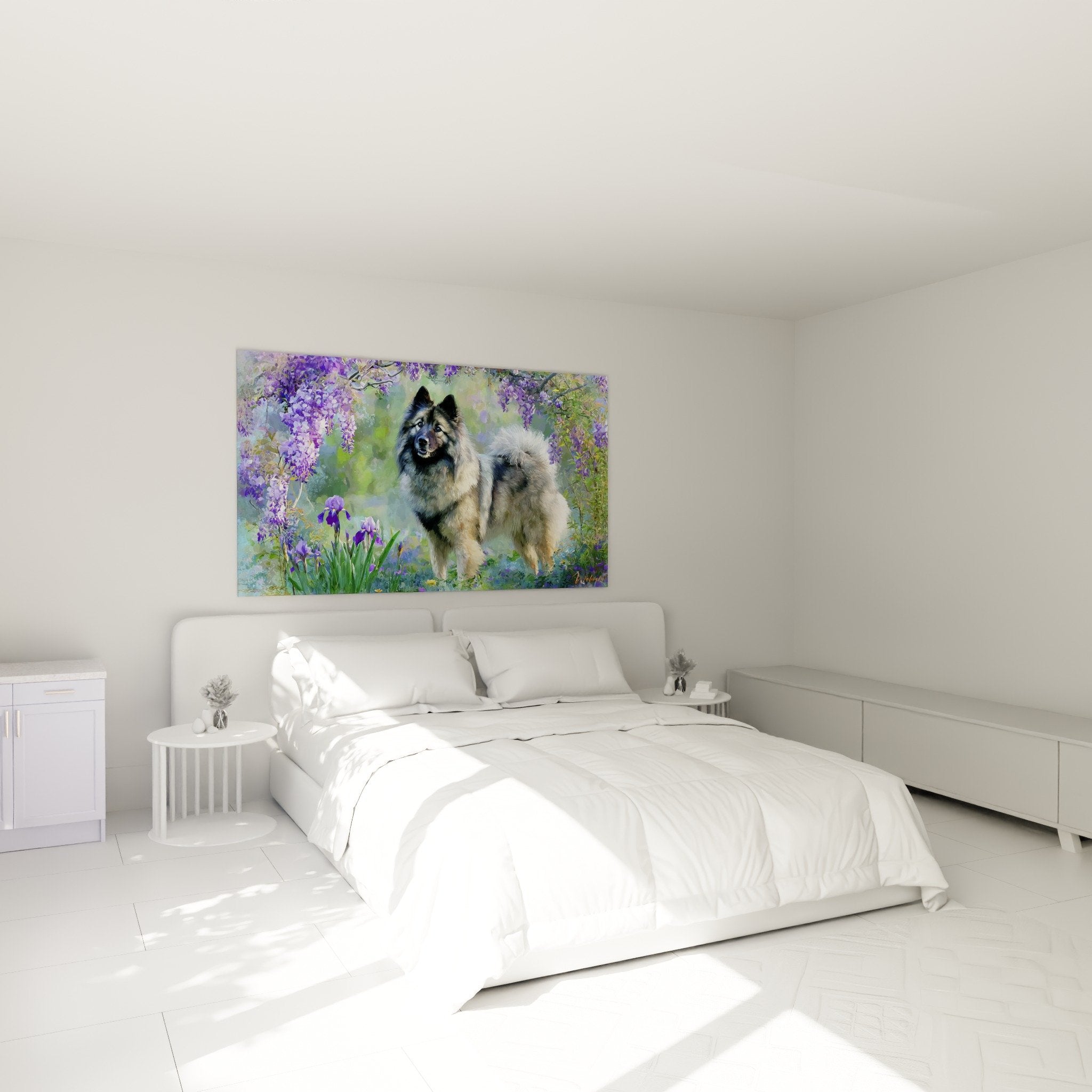 Tableau Eurasier glycines violettes dans chambre moderne, decoration murale nature apaisante
