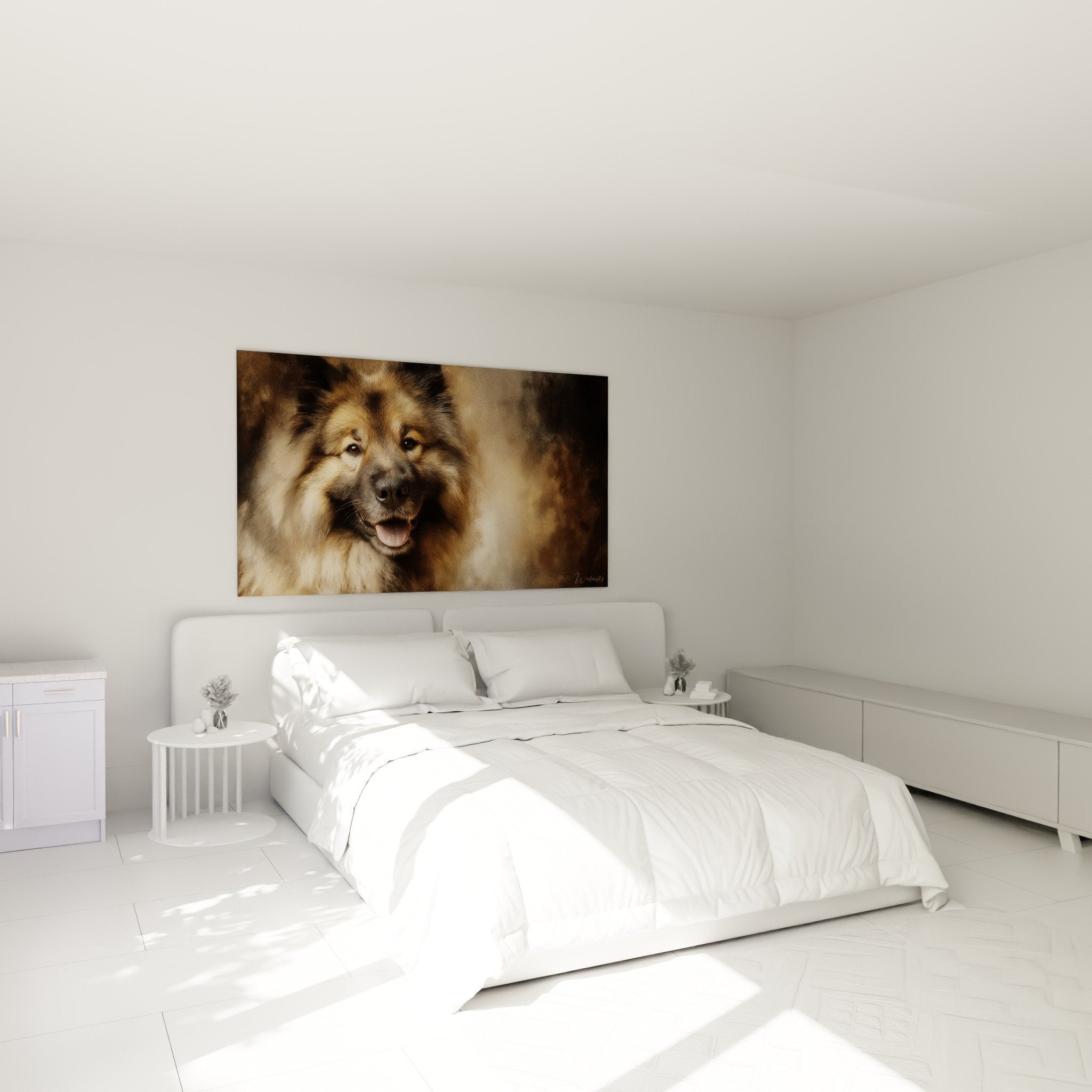 eurasischer Windhund Gemälde in wilden Farben an der Schlafzimmerwand aufgehängt, Wanddekoration mit warmen Tönen, gemütliche Wohnatmosphäre