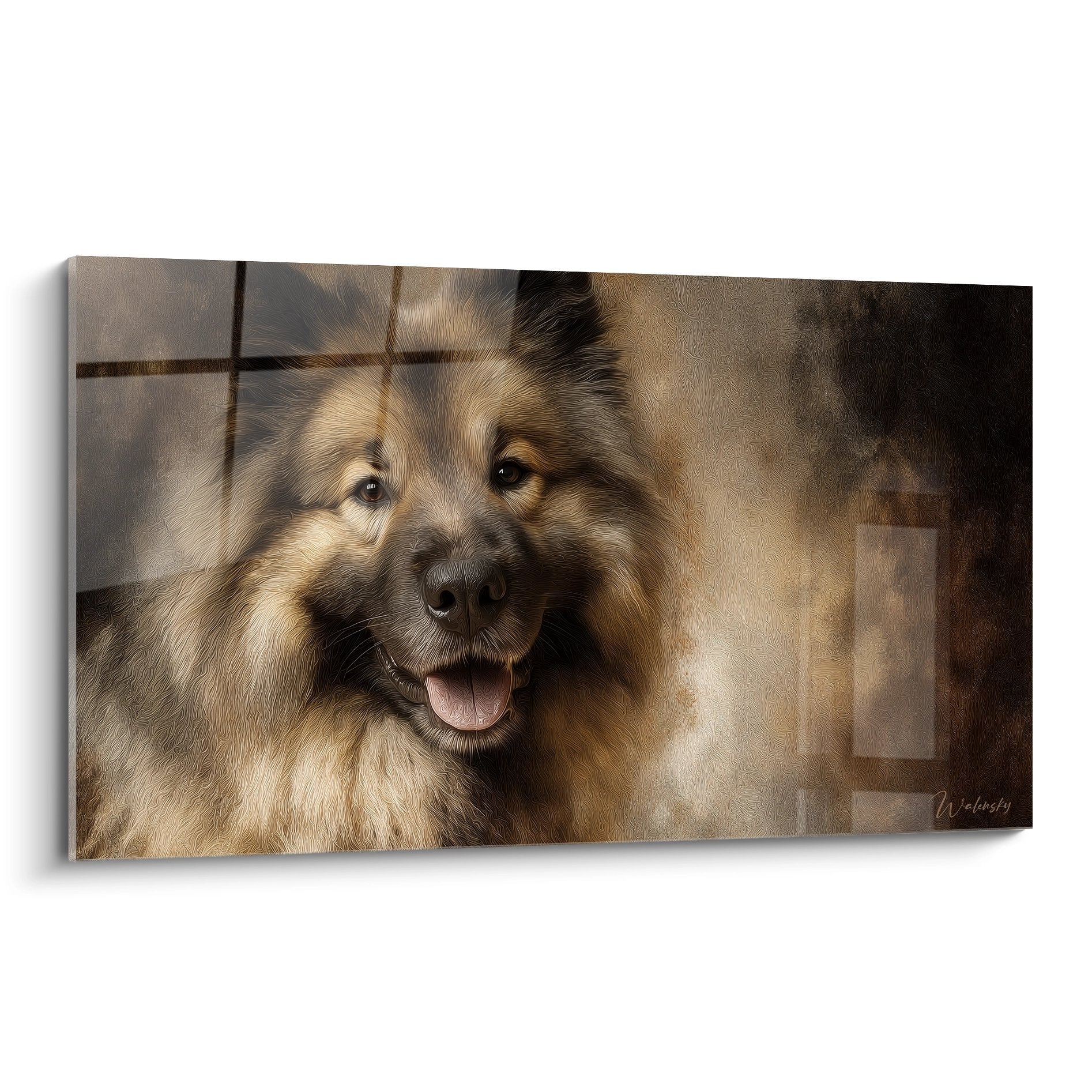 Eurasier-Porträt-Gemälde in Fauve-Tönen mit goldenen Akzenten, wohlwollender Blick, rosa Zunge sichtbar, unscharfer leuchtender Hintergrund