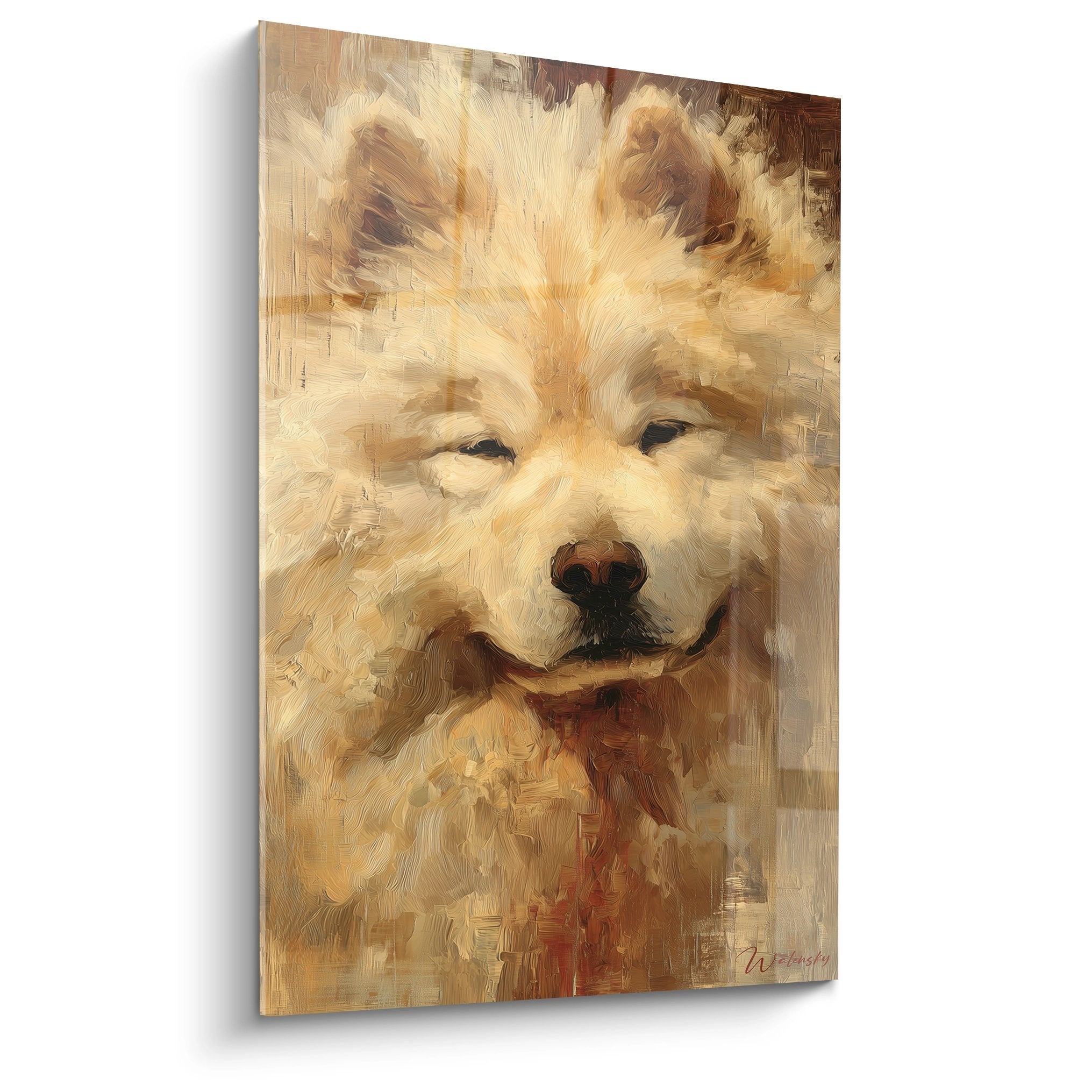 Artistic portrait Eurasier golden coat smiling expression mischievous gaze warm amber honey tones wall art