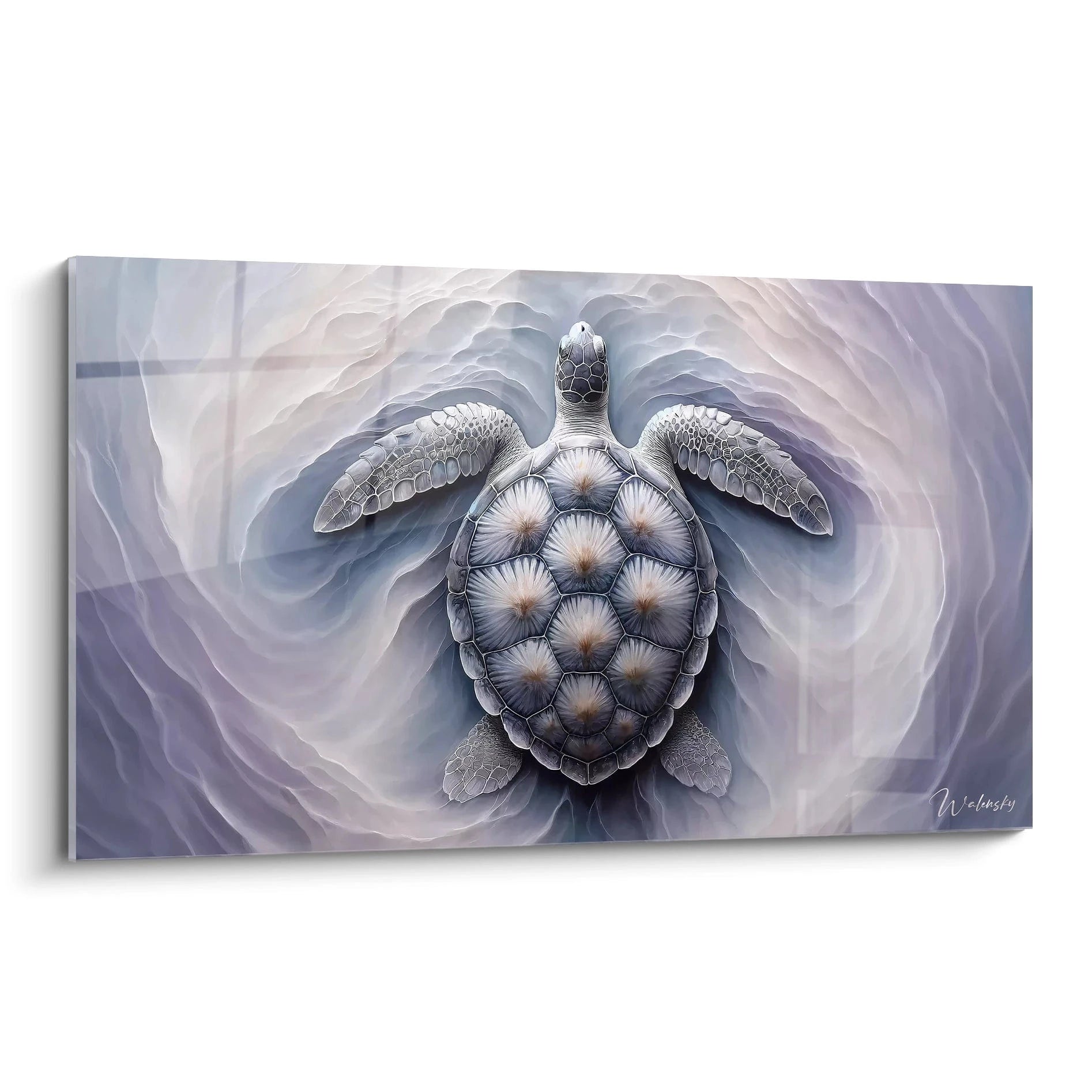 Cette présentation met en lumière le tableau tortue de mer, vue de biais. Les détails de la carapace ressortent, avec des motifs délicats, ajoutant une touche élégante et apaisante à tout espace.