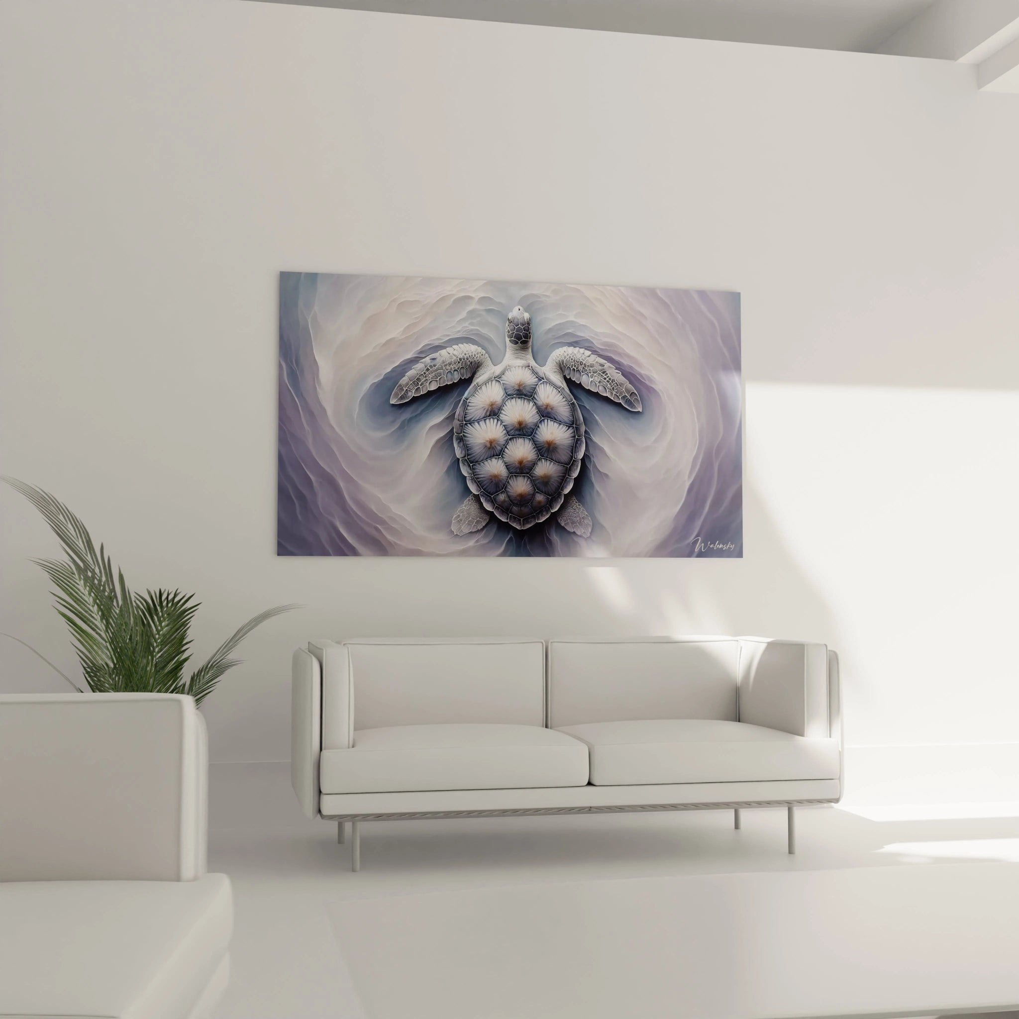 Ce tableau tortue de mer dans le salon au-dessus du canapé devient la pièce maîtresse de la déco. Il harmonise l'espace grâce à ses teintes douces et ses motifs naturels, invitant au calme.