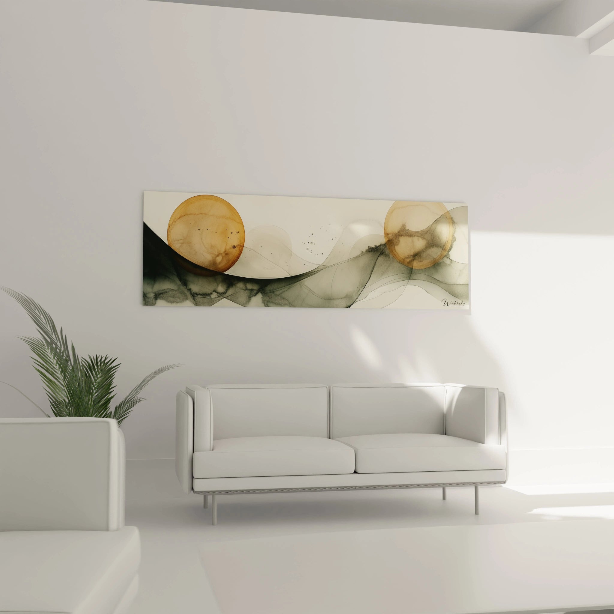 Tableau géométrique abstrait Walensky avec des cercles dorés et des formes fluides sur fond clair