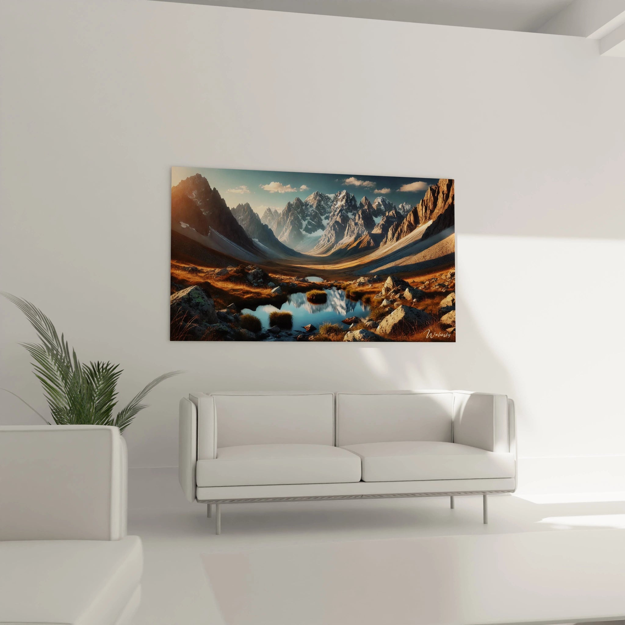 Apportez une touche de sérénité à votre salon avec ce tableau Montagne, suspendu au-dessus du canapé. Les teintes de bleu et or favorisent une atmosphère relaxante.