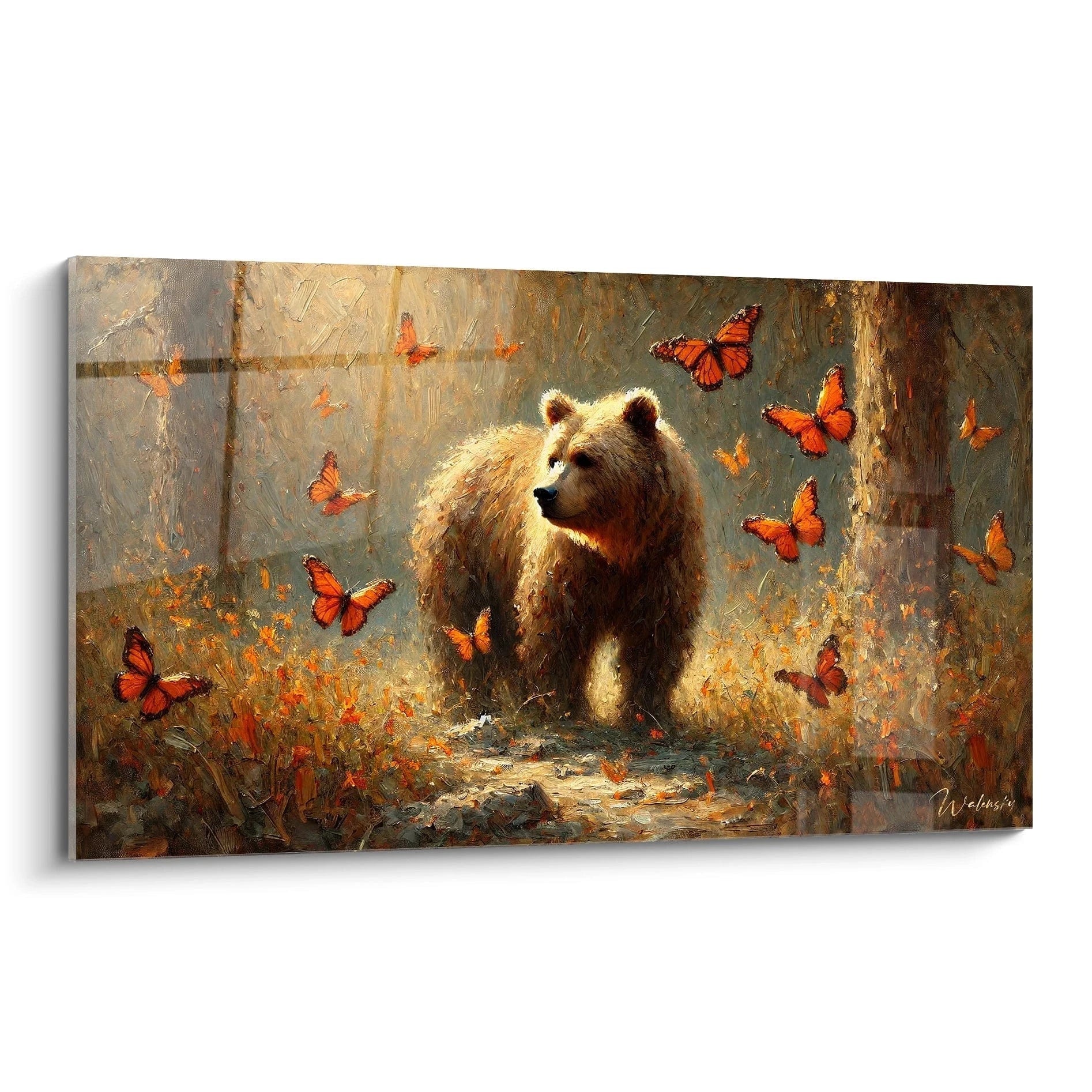 Le tableau ours brun capture l’harmonie entre puissance et légèreté. Vue de biais, cette oeuvre dévoile des détails subtils et des textures profondes qui évoquent la nature sauvage et paisible.