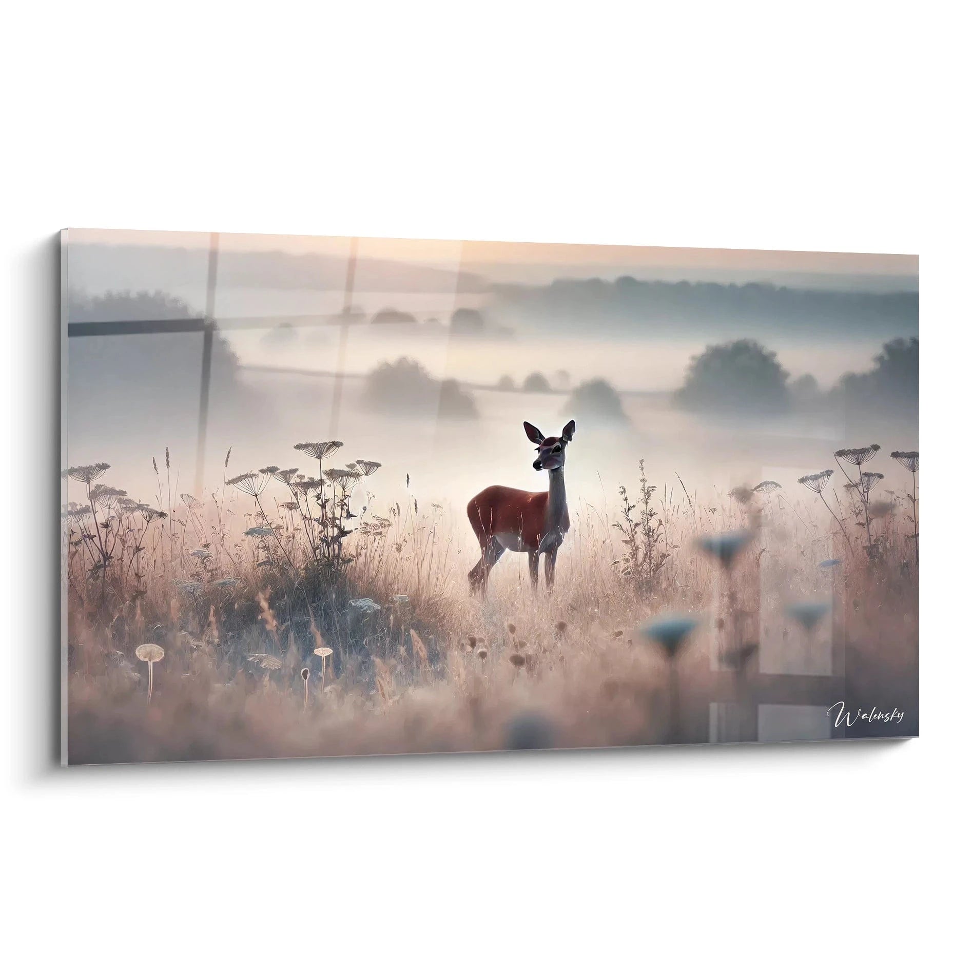 Ce tableau biche offre une perspective captivante, mettant en avant la biche au milieu d'un champ baigné de lumière douce. Un véritable appel à la contemplation.