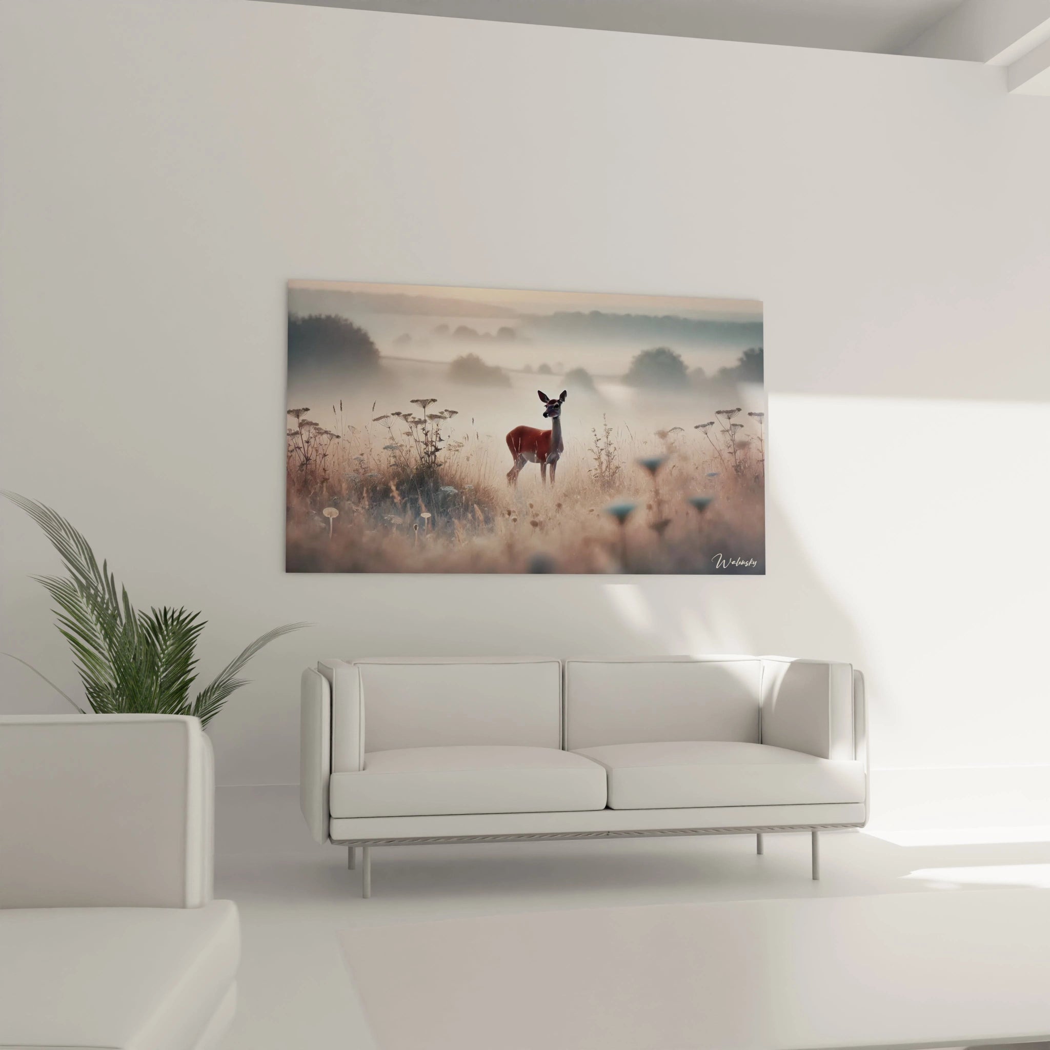 Dans le salon, ce tableau biche apporte une ambiance apaisante. Sa lumière douce et ses détails naturels créent un espace chaleureux et accueillant.
