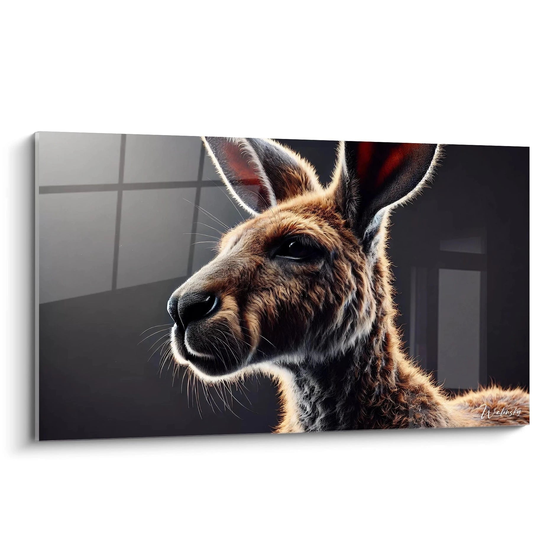 tableau kangourou noble et puissant en gros plan capture toute la beauté et l'intensité de l'animal chaque detail du pelage est minutieusement travaillé apportant une profondeur saisissante a l'oeuvre