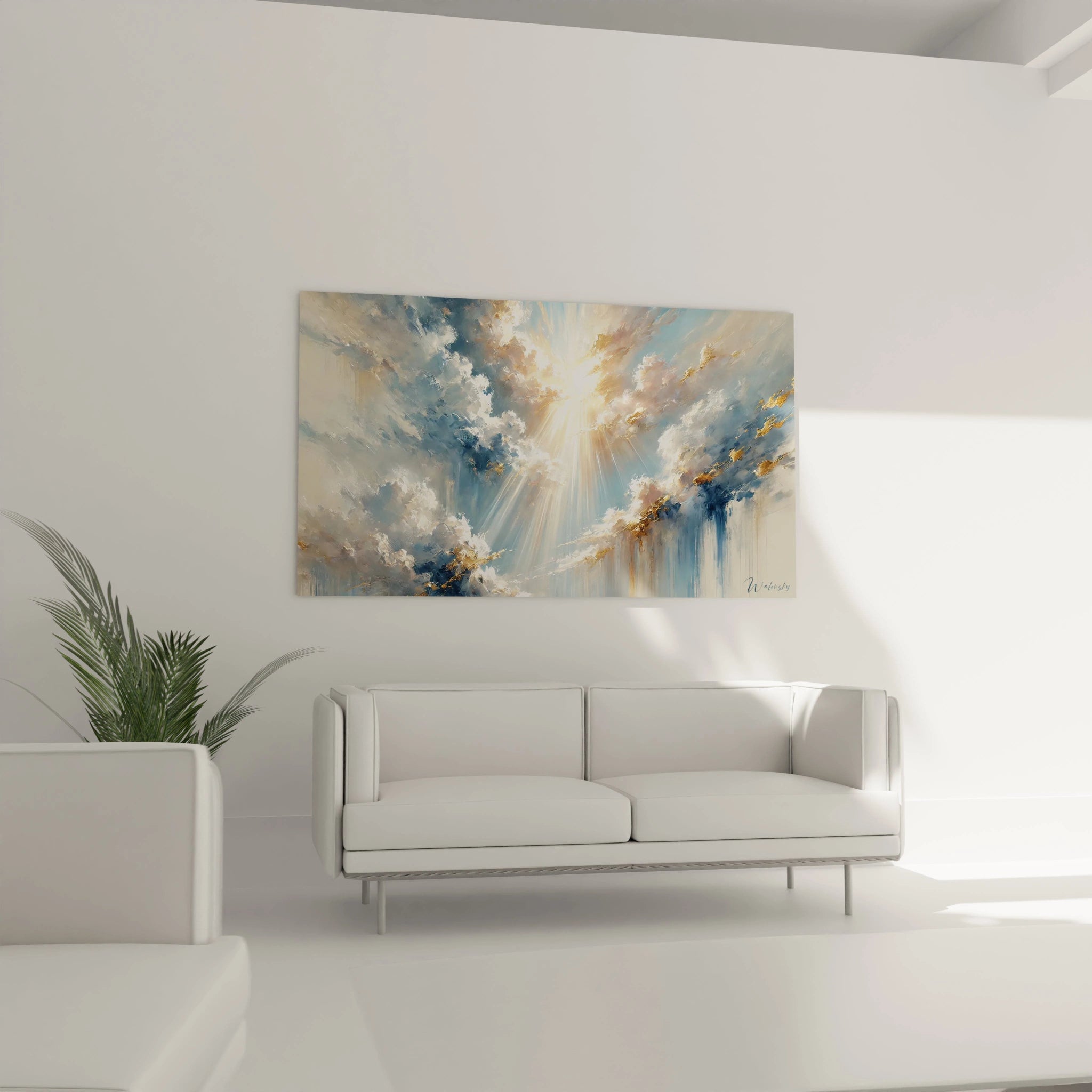 Ce tableau Ciel suspendu au-dessus d'un canapé illumine le salon. Les touches de bleu et d'or évoquent la lumière céleste et ajoutent profondeur et espace pour un intérieur accueillant et inspirant.