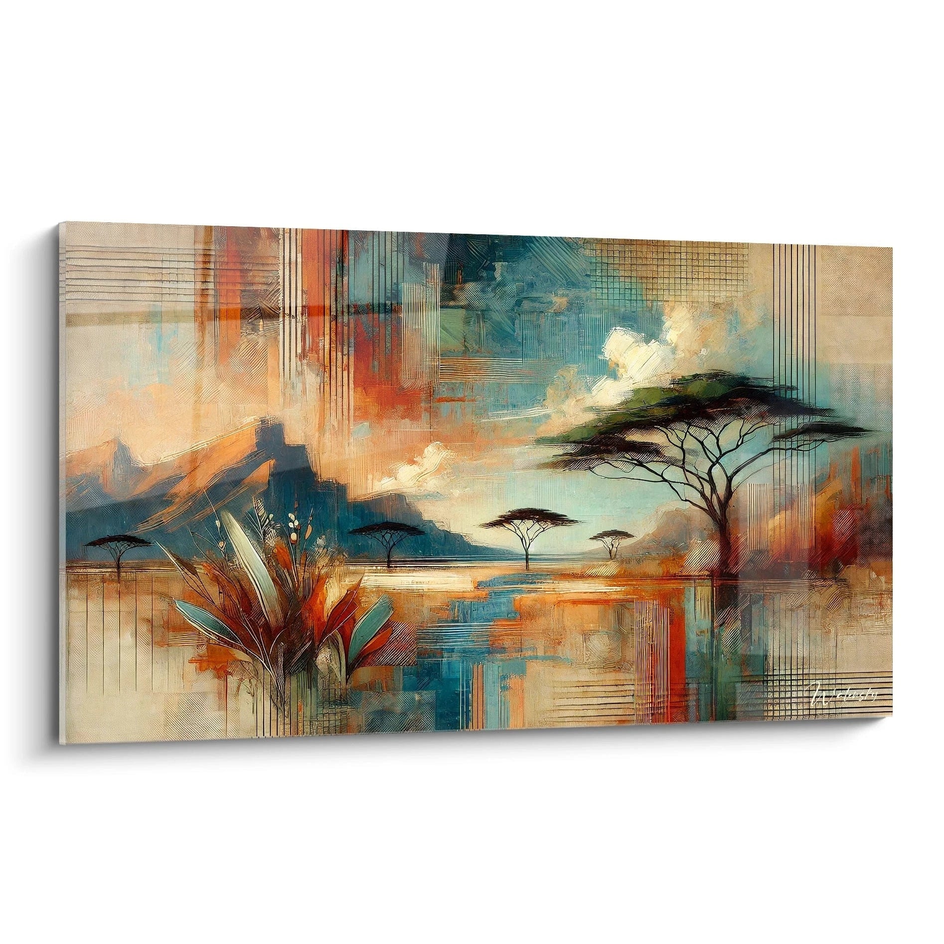 Tableau paysage africain aux tons chauds et motifs géométriques. L’orange brûlé, le rouge terreux et les nuances de bleu et vert créent une ambiance apaisante et énergique