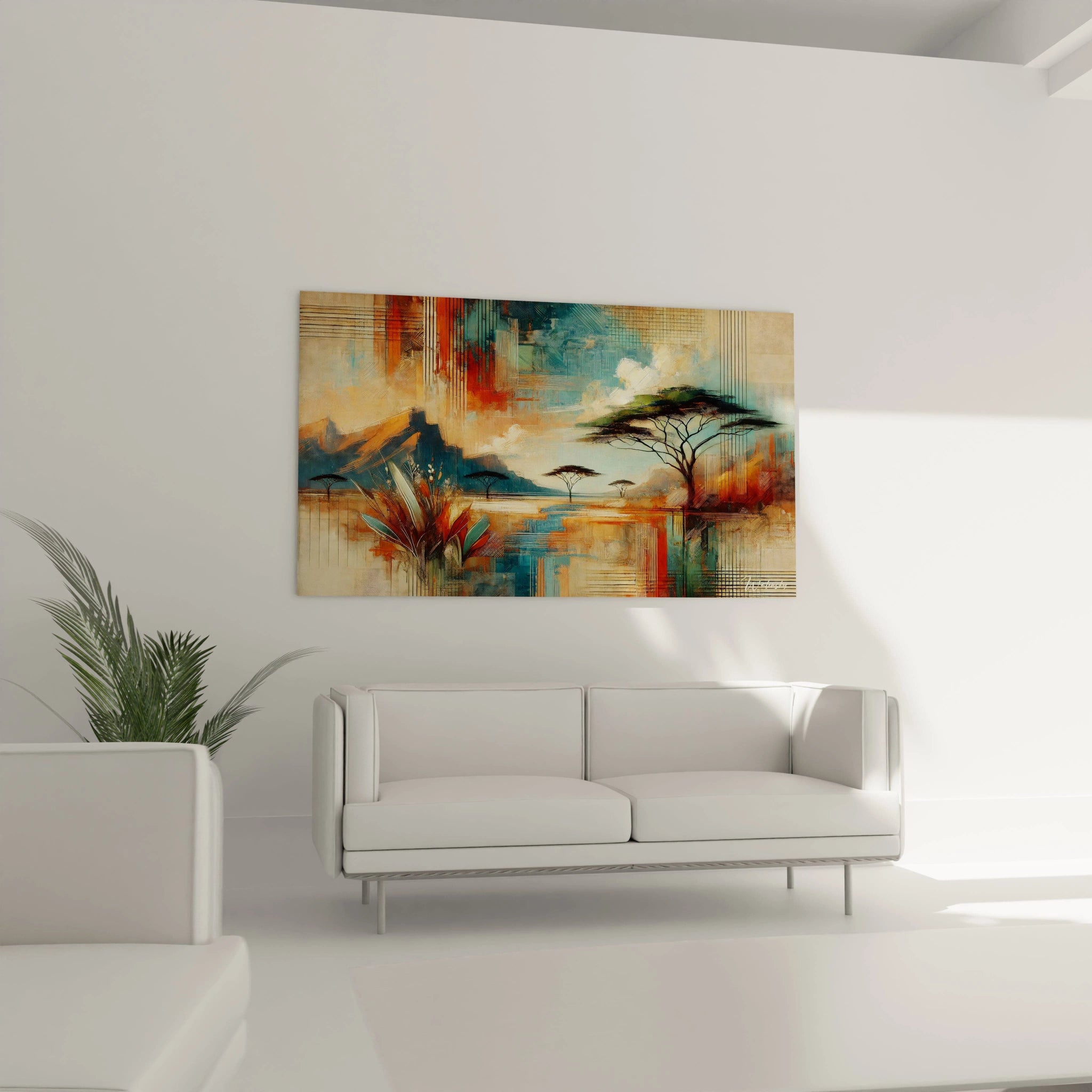 Ce tableau paysage africain, accroché au-dessus du canapé, transforme votre salon en un espace artistique et vibrant grâce à sa palette de couleurs contrastées.