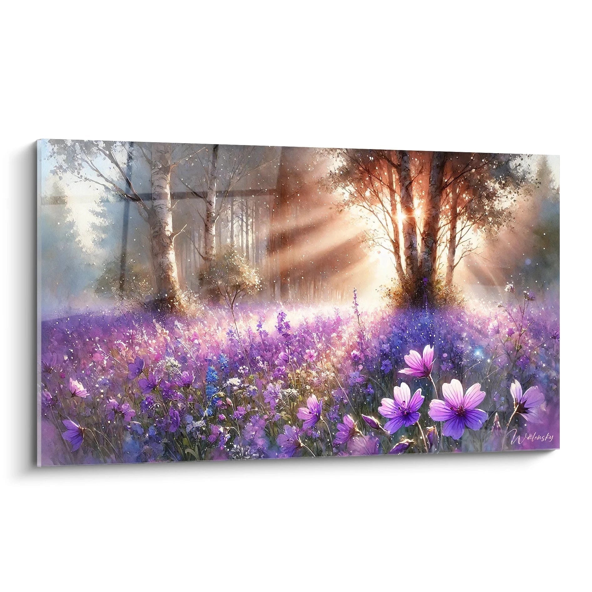 tableau Printemps vue de biais revelant les nuances de violet bleu et or rose. Une scene poetique de fleurs illuminees par la lumiere matinale, apportant une ambiance sereine et inspiree du renouveau.