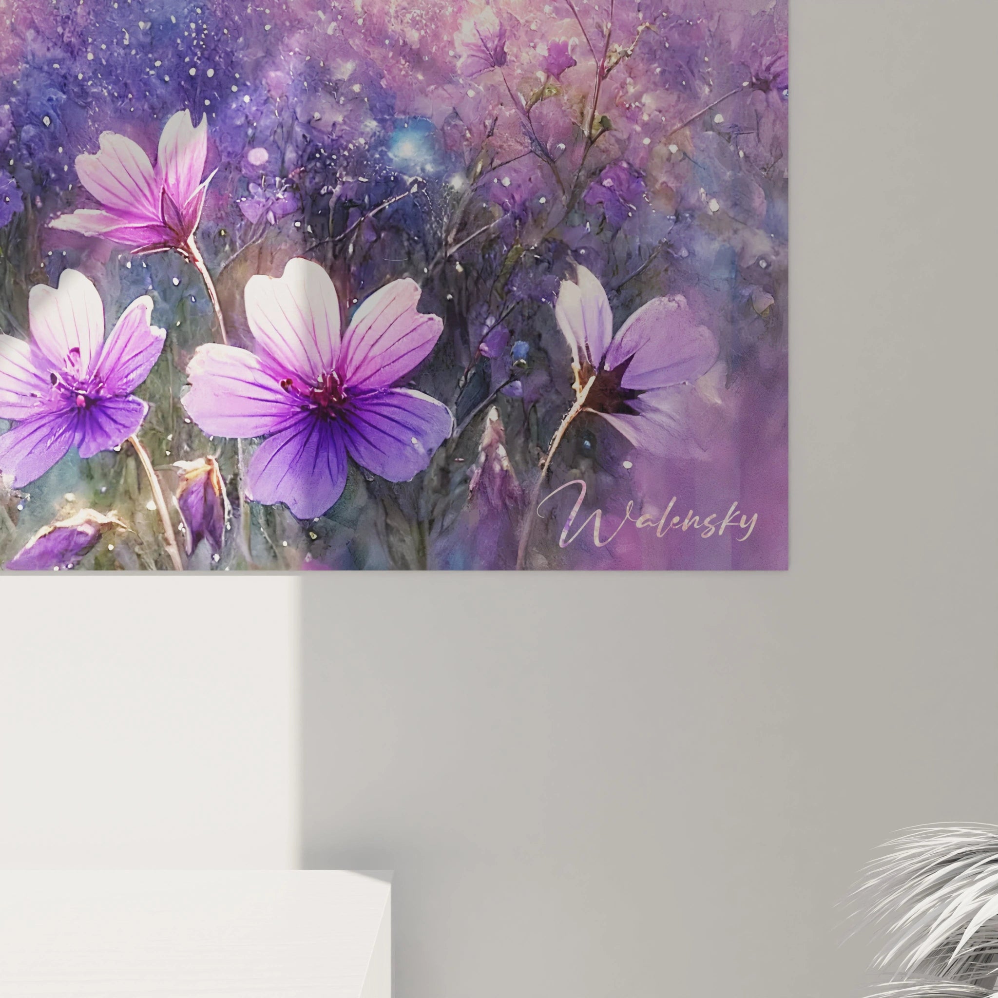 vue de pres du tableau Printemps montrant les details des fleurs baignees de lumiere. Un jeu de couleurs violet bleu et or rose qui evoque la fraicheur matinale et la magie du printemps.