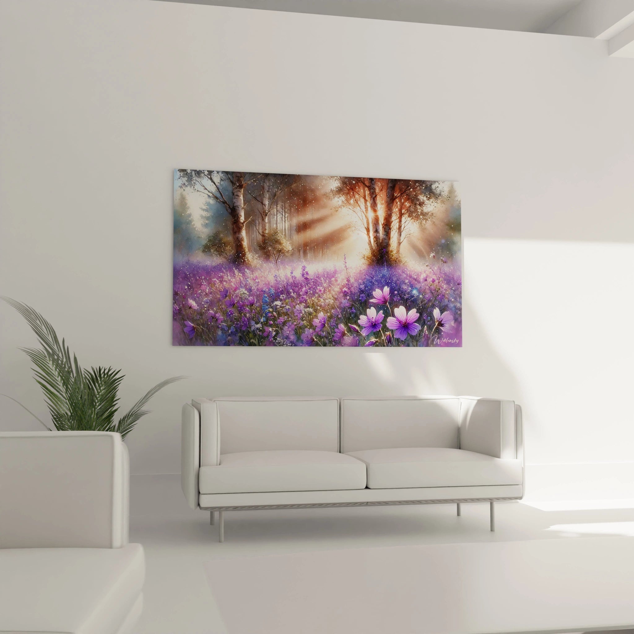 tableau Printemps accroche dans le salon au-dessus du canape apporte une touche de nature et de serenite. Les nuances envoûtantes de violet bleu et or rose illuminent la piece d une chaleur printaniere.